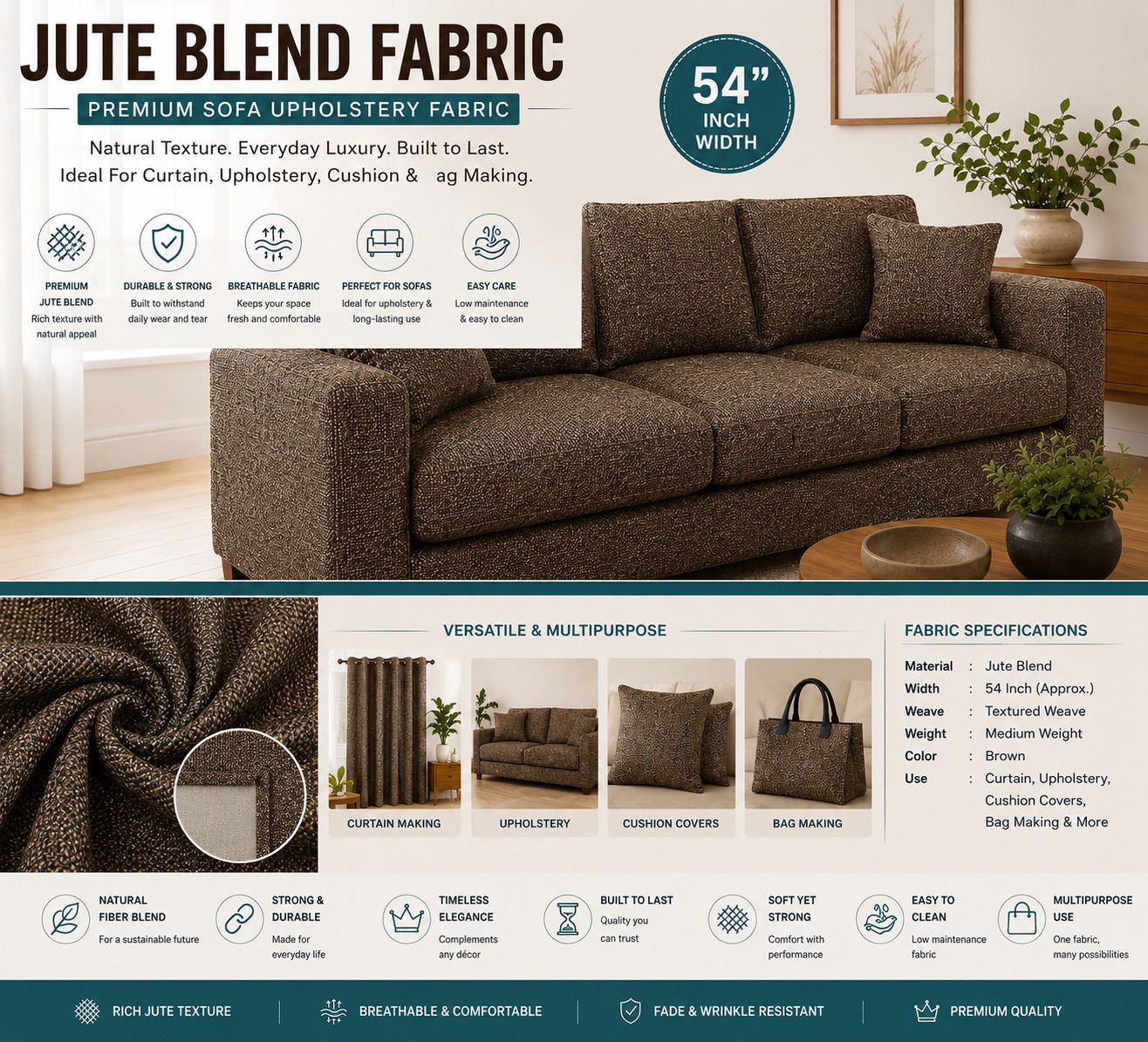 Jute Blend 54" Width x 3 Meter Fabric for Sofa, Curtain, Cushion Cover, Tote Bag Sofa Fabric-image-20