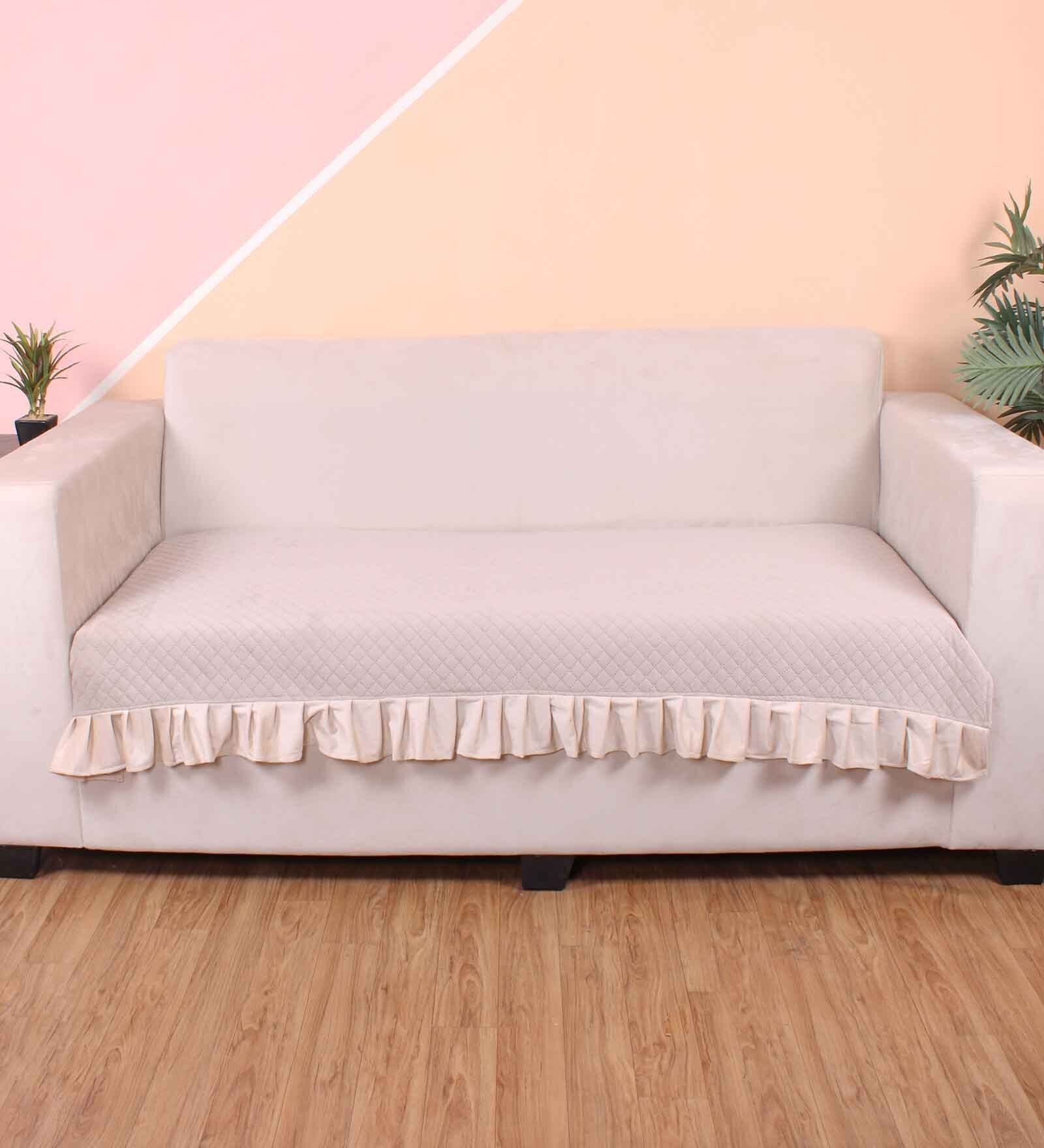 Beige Solid Velvet 3 Seater Quilted Sofa Cover (Protector) Sofa Fabric