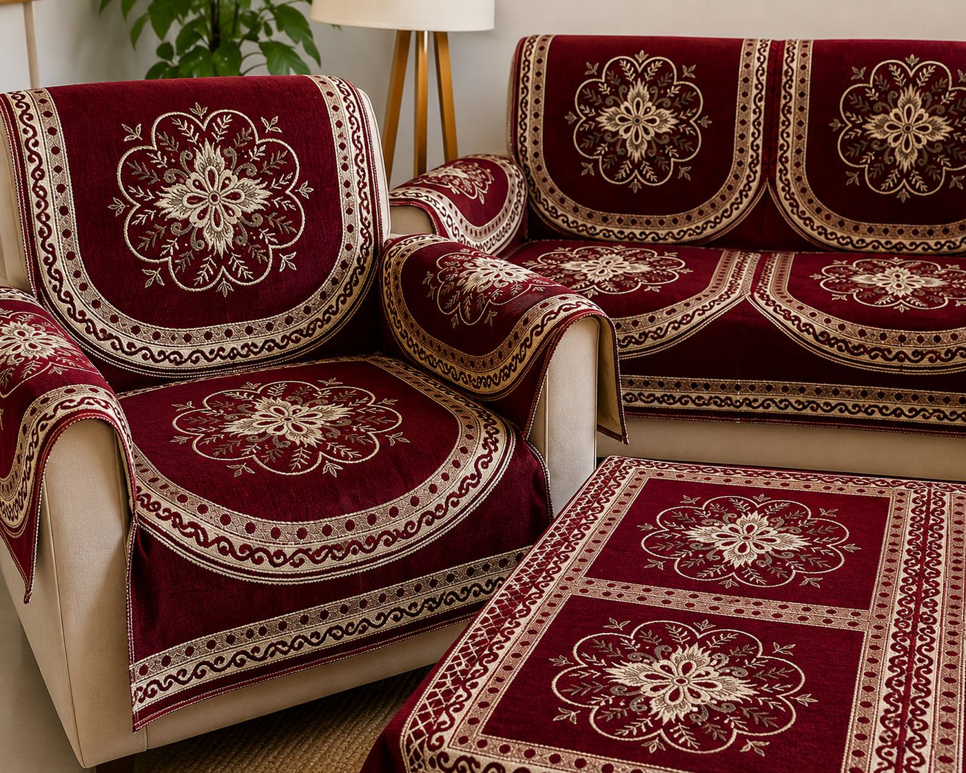 AANG-SC5-MAROON-CT-01 Premium Embroidered 5 Seater Sofa Cover Set with Center Table Cover Sofa Fabric-image-10