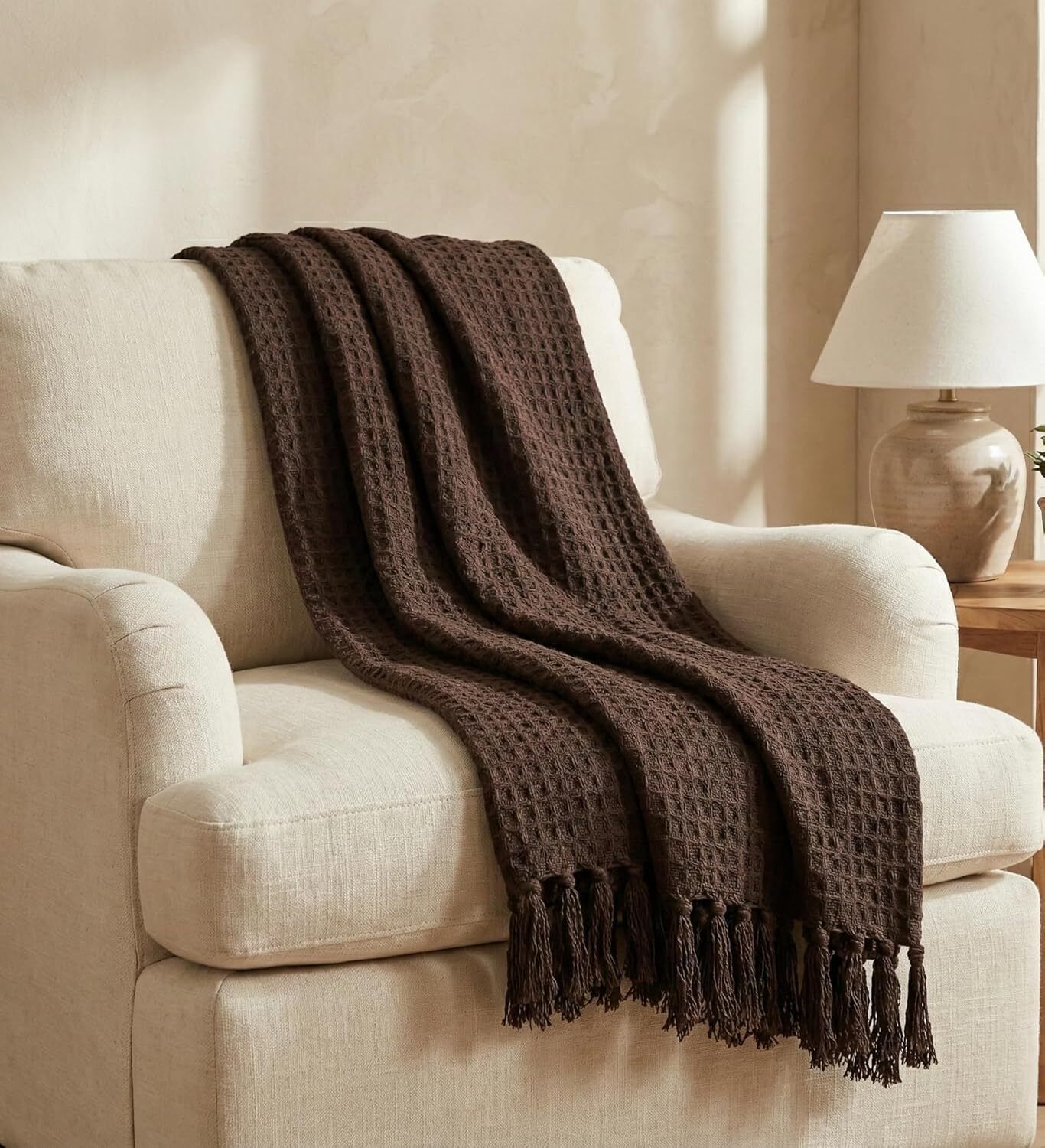 Handcrafted Cotton Sofa Throw Waffle Texture with Tassels for Couch Sofa Fabric-image-24