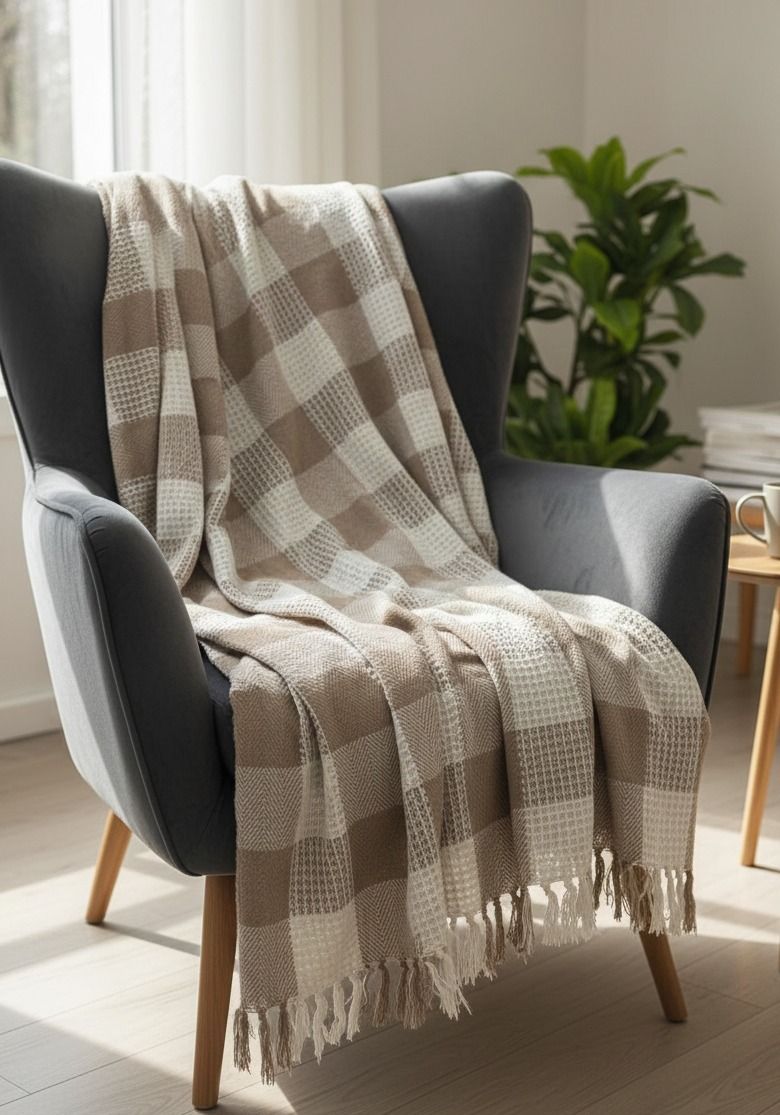 Checked woven pattern Soft Fabric-Design , Decorative Throw for Couch, Bed & Living Room (BEIGE) Sofa Fabric-image-13