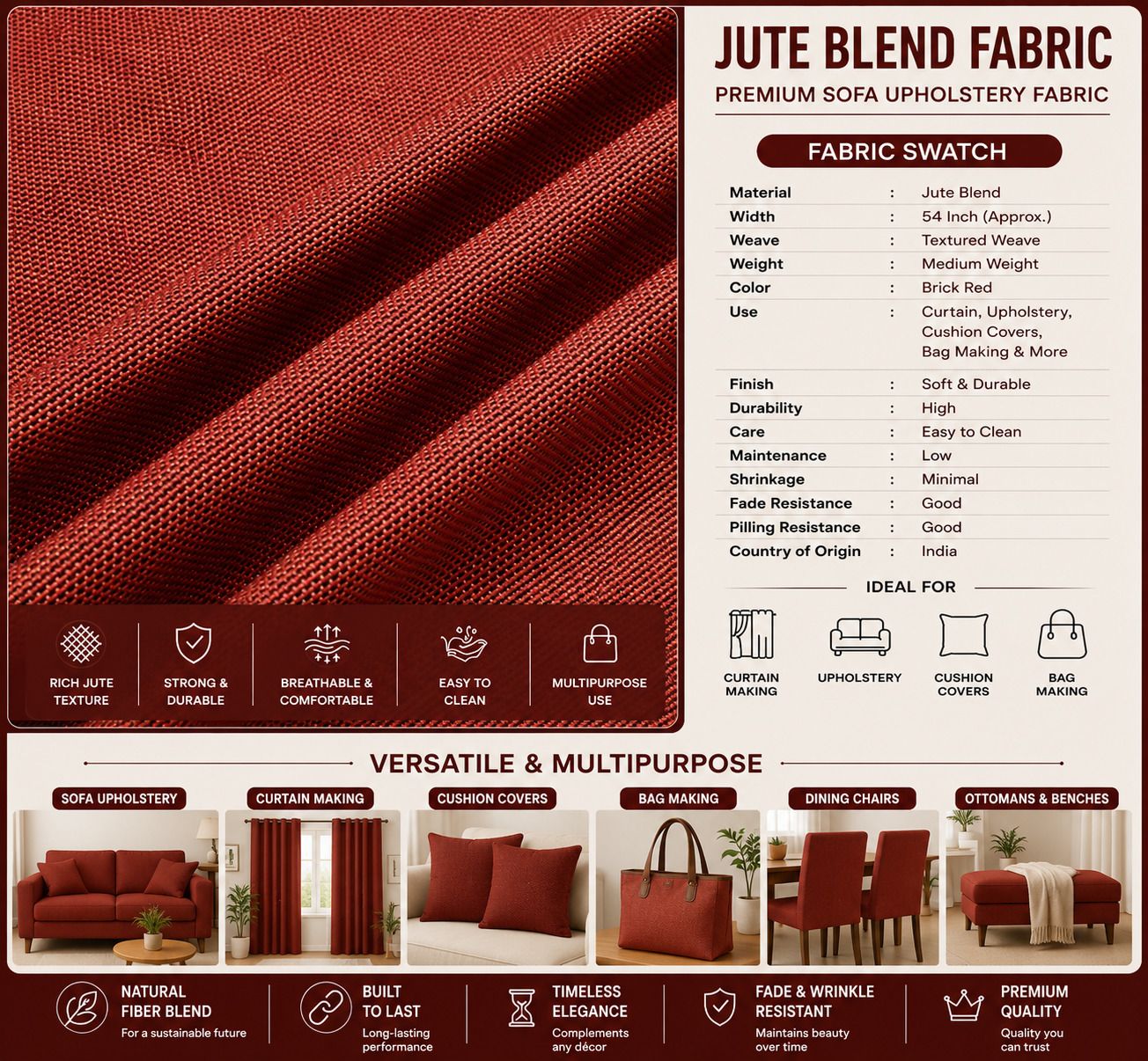 Jute Blends 54 Inches Width - 1 Meter Unstitch Fabric For Sofa, Cushion Cover, Curtain, Tote Bag Making Sofa Fabric-image-19