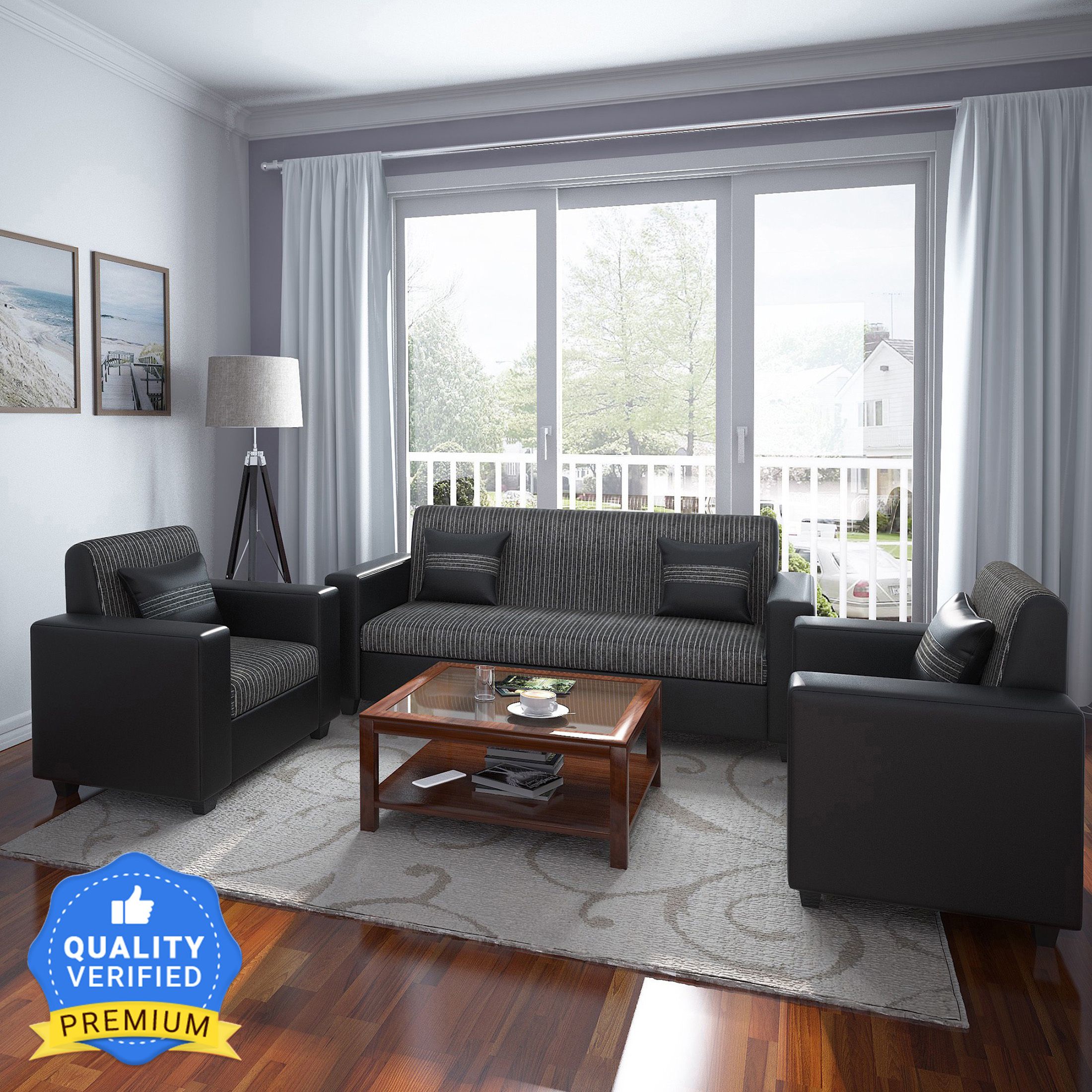 Crete Leatherette and Fabric 3 + 1 + 1 Sofa Set