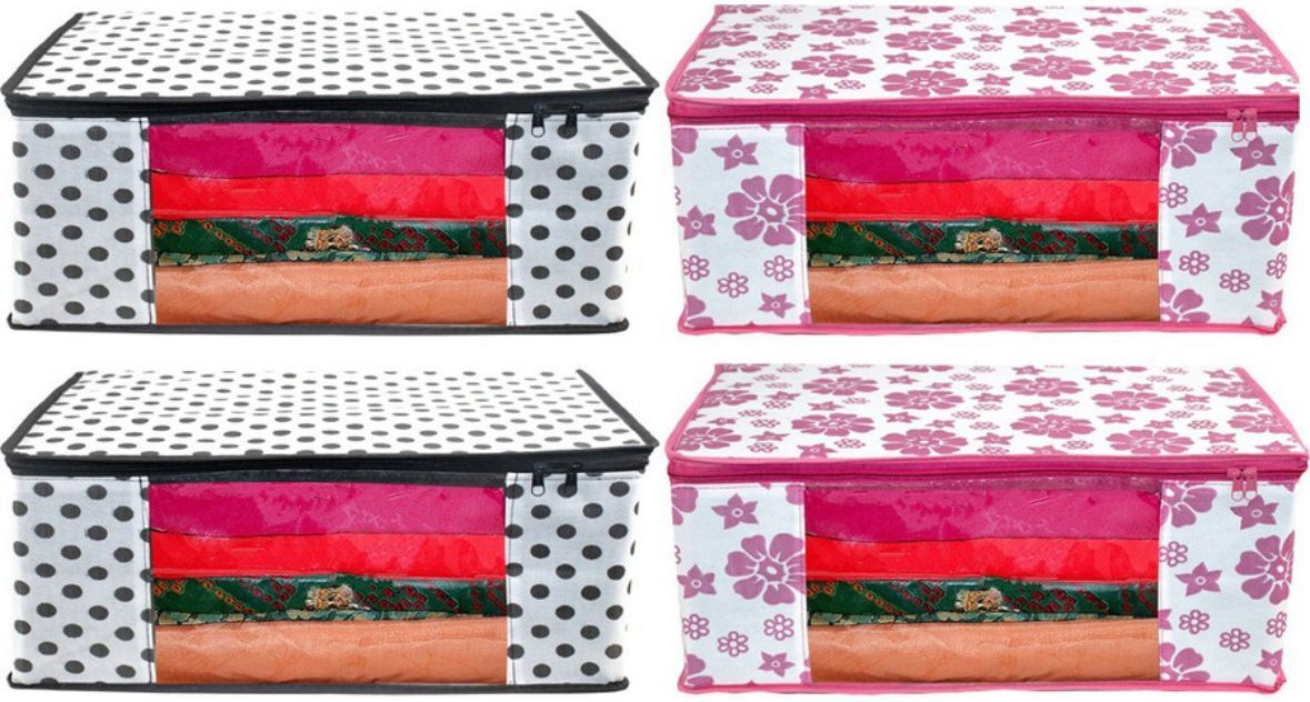 Aaliya black dot & pink chikku saree cover pack of 4 with zippers Poly-canvas Laundry Bag