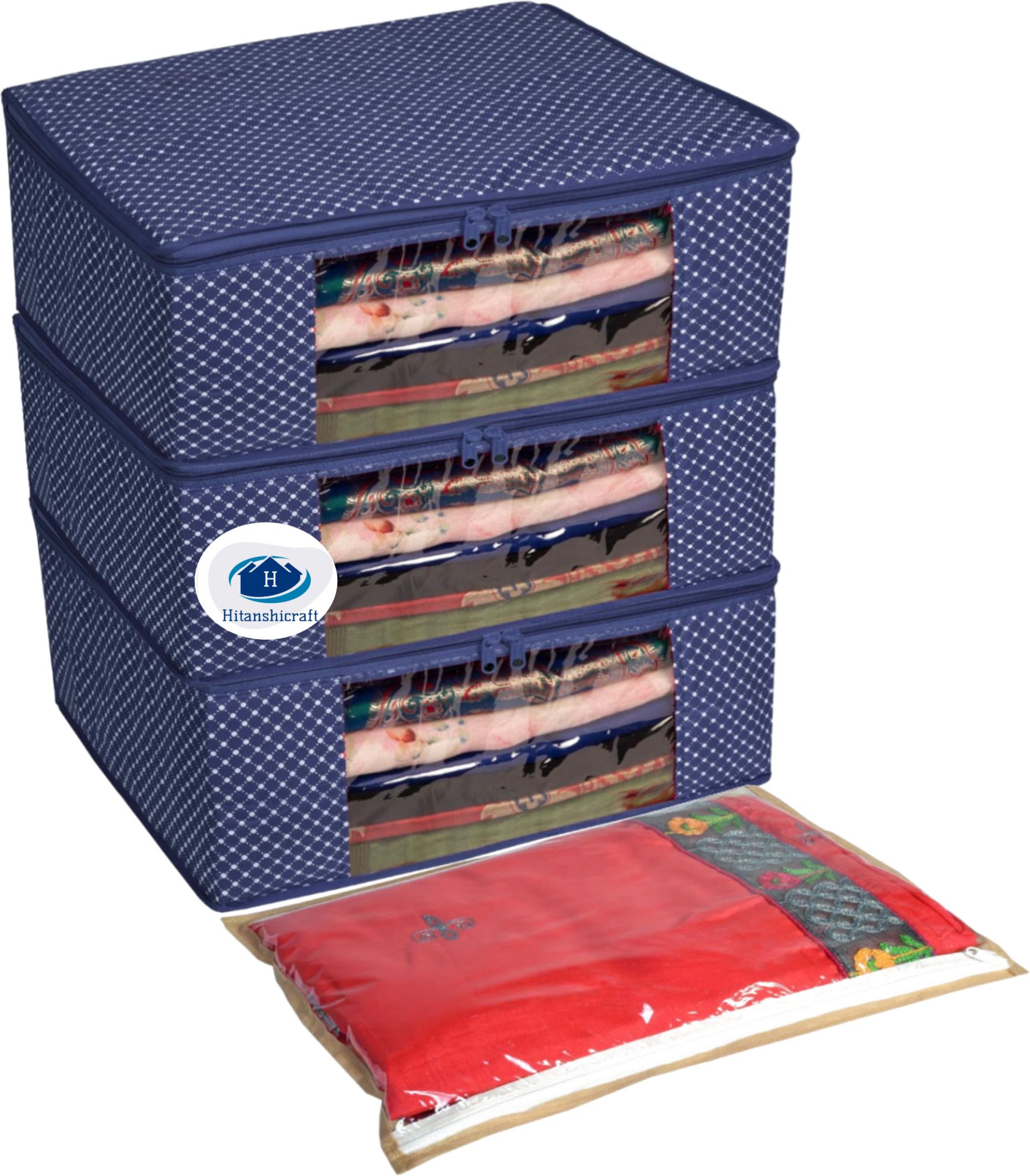 Hitanshicraft Cotton Quilted 3Layered Saree Covers/Clothes Storage BagWith TransparentWindow Cotton Laundry Bag-image-43