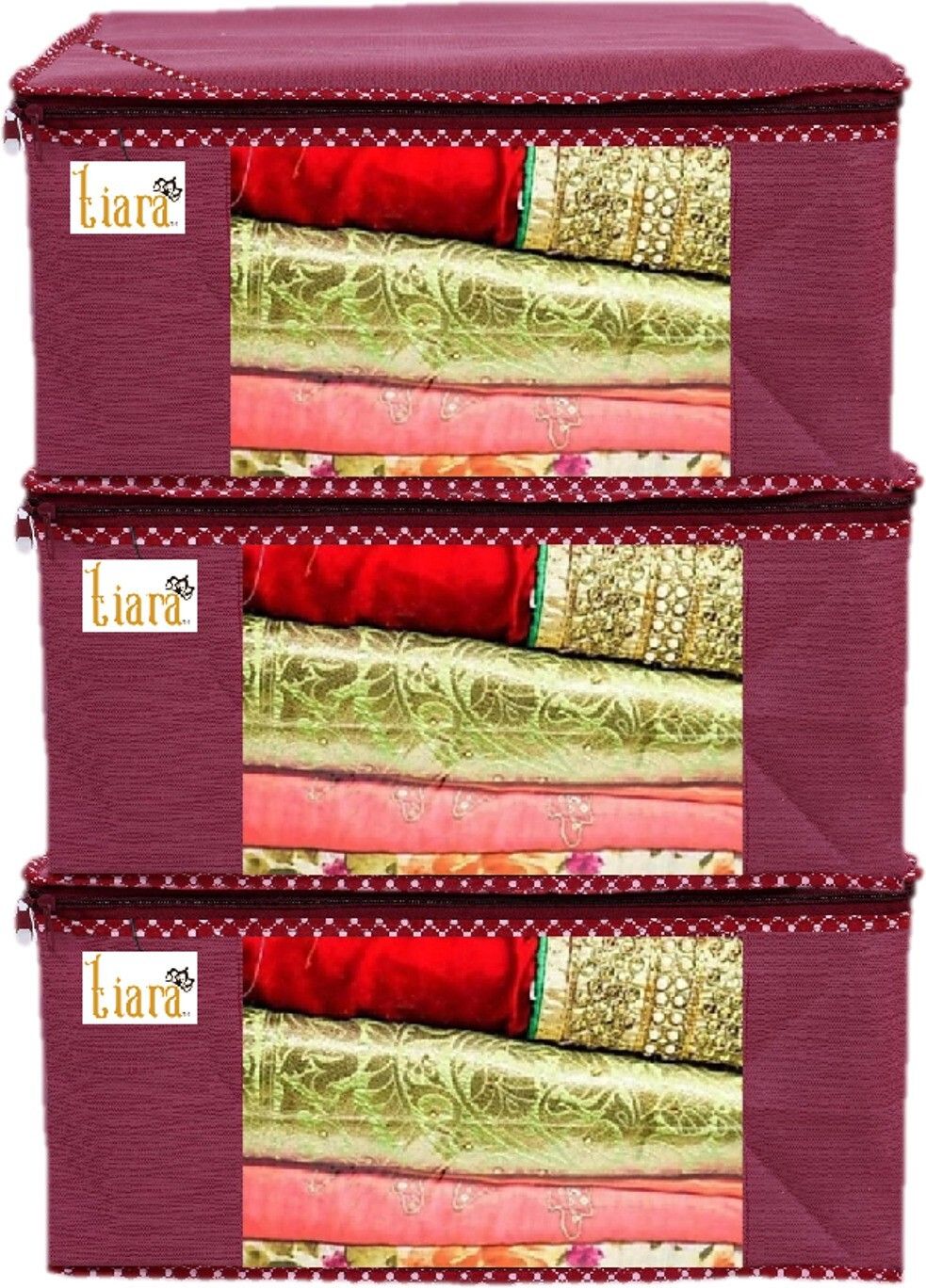Tiarakrafts Saree Cover Bag Wardrobe Organizer Transparent Window- MAROON - Pack of 3 Poly-canvas Laundry Bag