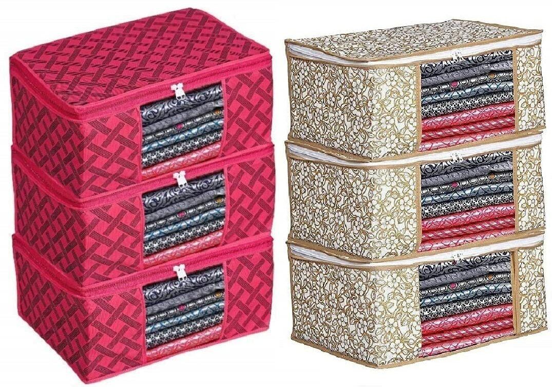 VM BOND Printed Non Woven Fabric Saree Cover/Clothes Organiser For Wardrobe Pack of 6 Cotton Laundry Bag
