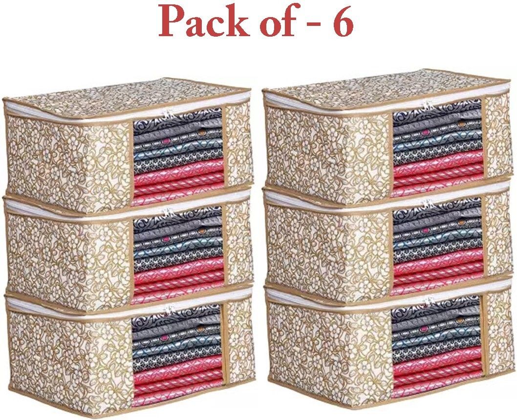 STORAZE Set of 6 Printed Non Woven Fabric Saree Cover/Clothes Organiser For Wardrobe Set Polyester Laundry Bag