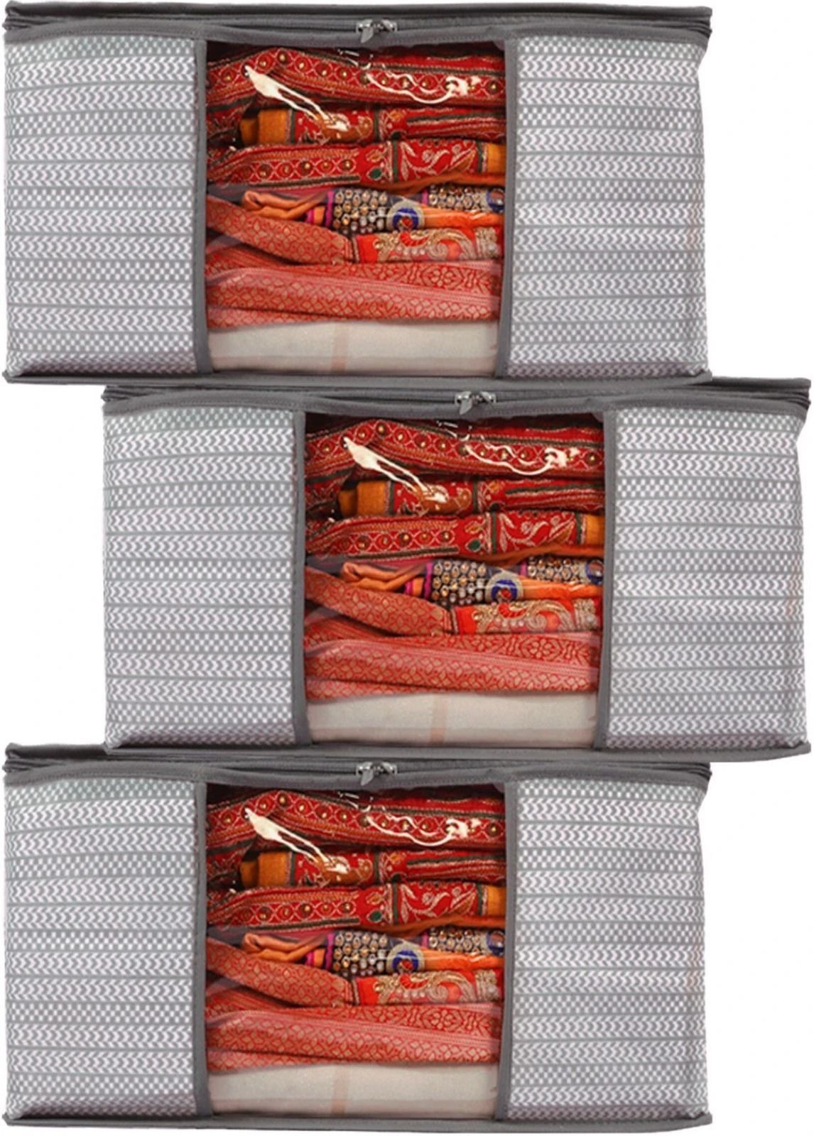 Aaliya Saree Covers pack of 3) grey with 2 zippers Poly-canvas Laundry Bag-image-25