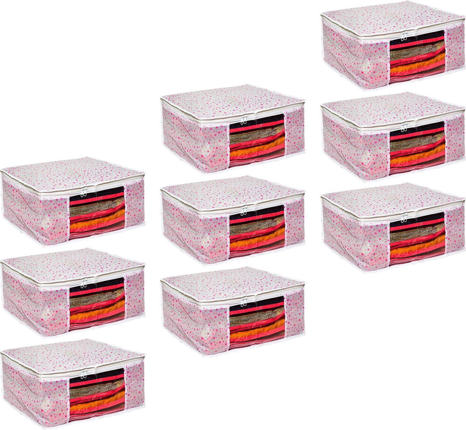 Tiarakrafts Saree Cover Storage Bag Organizer with Transparent Window Pack 9 PINK STAR Poly-canvas Laundry Bag-image-36