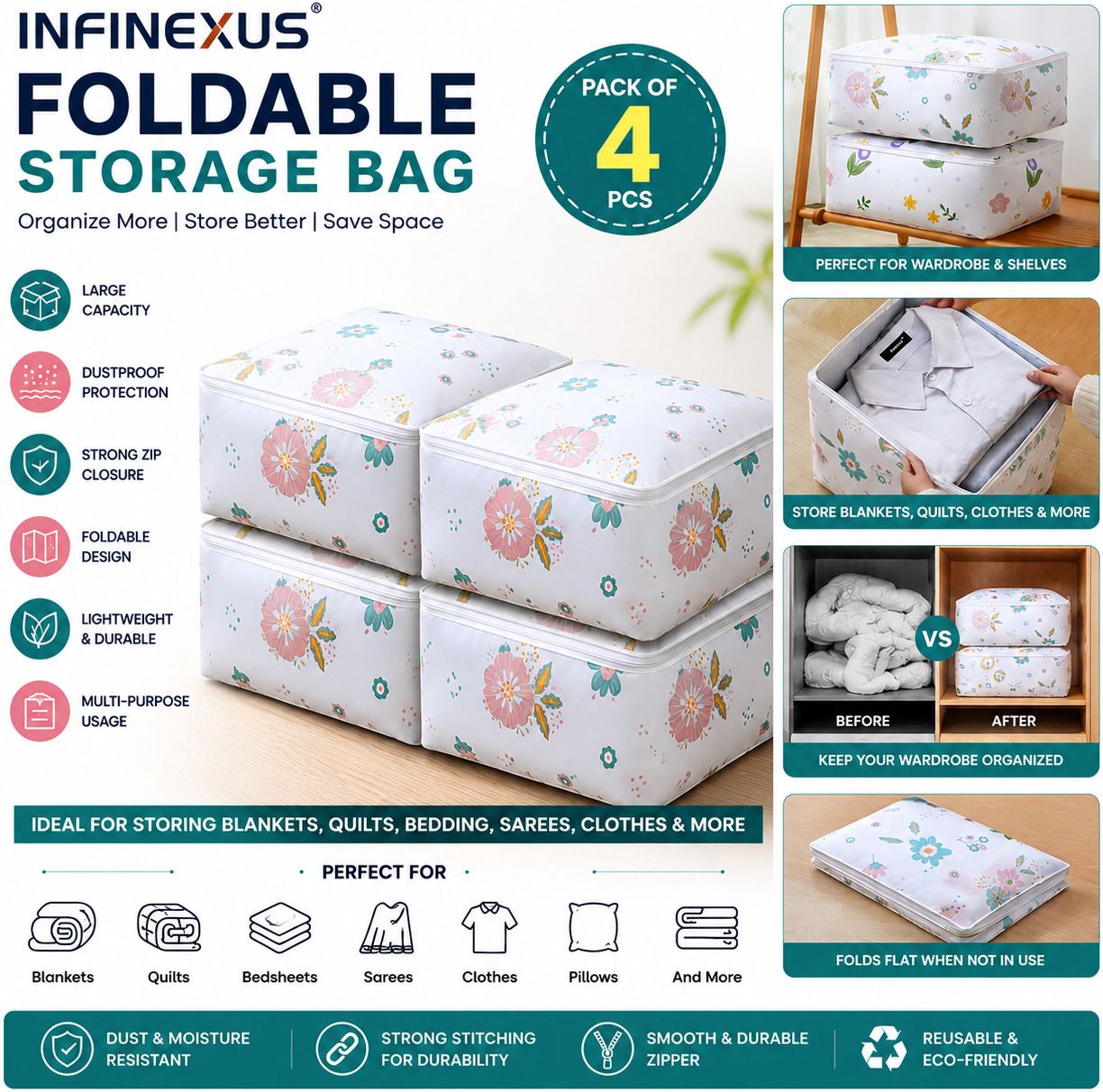 INFINEXUS Foldable Storage Bag for Blankets, Quilts, Bedding & Clothes (4PC) Rubberised Cotton Laundry Bag-picture-46