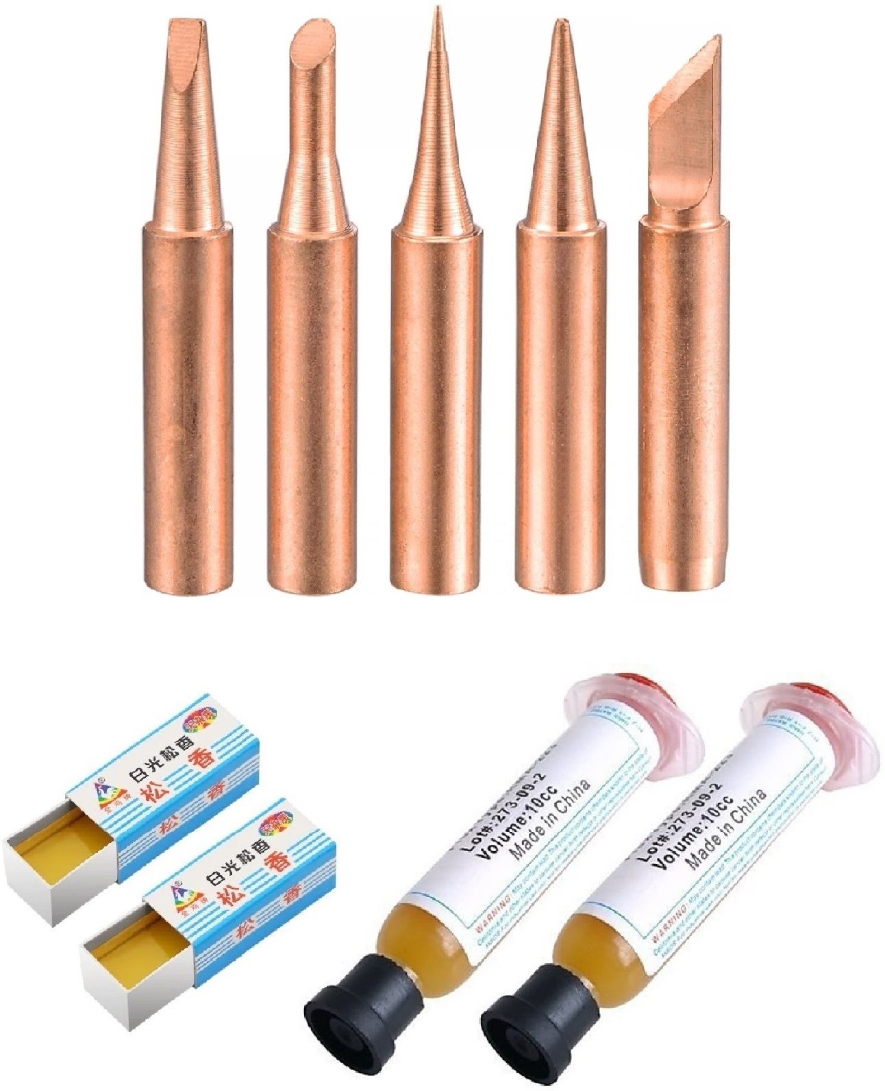 Set of 5 Pcs Pure Copper Soldering Iron Bit Set with 2 Pcs. No-Clean Soldering Flux RMA-223 10cc and 2 Pcs 5Gram Carton Rosin Paste Tip Suitable For Model 936, 937, 907 900M-T (K/3.2D/IS/3C/I) 0 W Simple-image-3