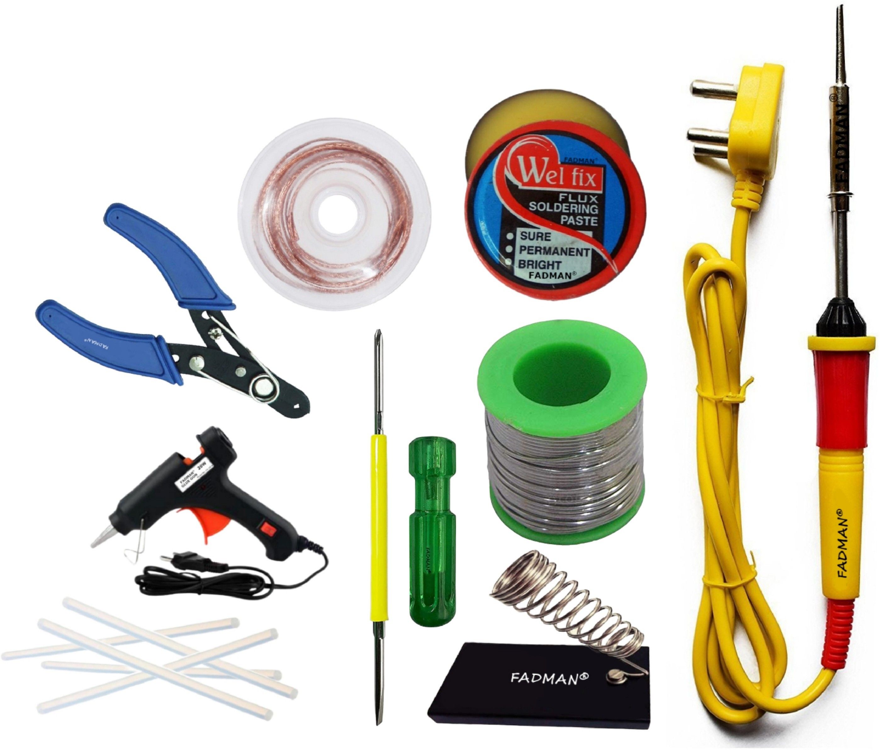 Soldering Iron Kit - Set of 9 Bundle Pack 9 Electric 25W | Soldering Iron Stand | Solder Wire | Wire Cutter | Soldering Paste Flux | Desoldering Wick | 2IN1 Screw Driver | 20W Glue Gun & 7mm Glue Sticks | (Yellow+F+Red) Soldering Iron 25 W Simple-image-7