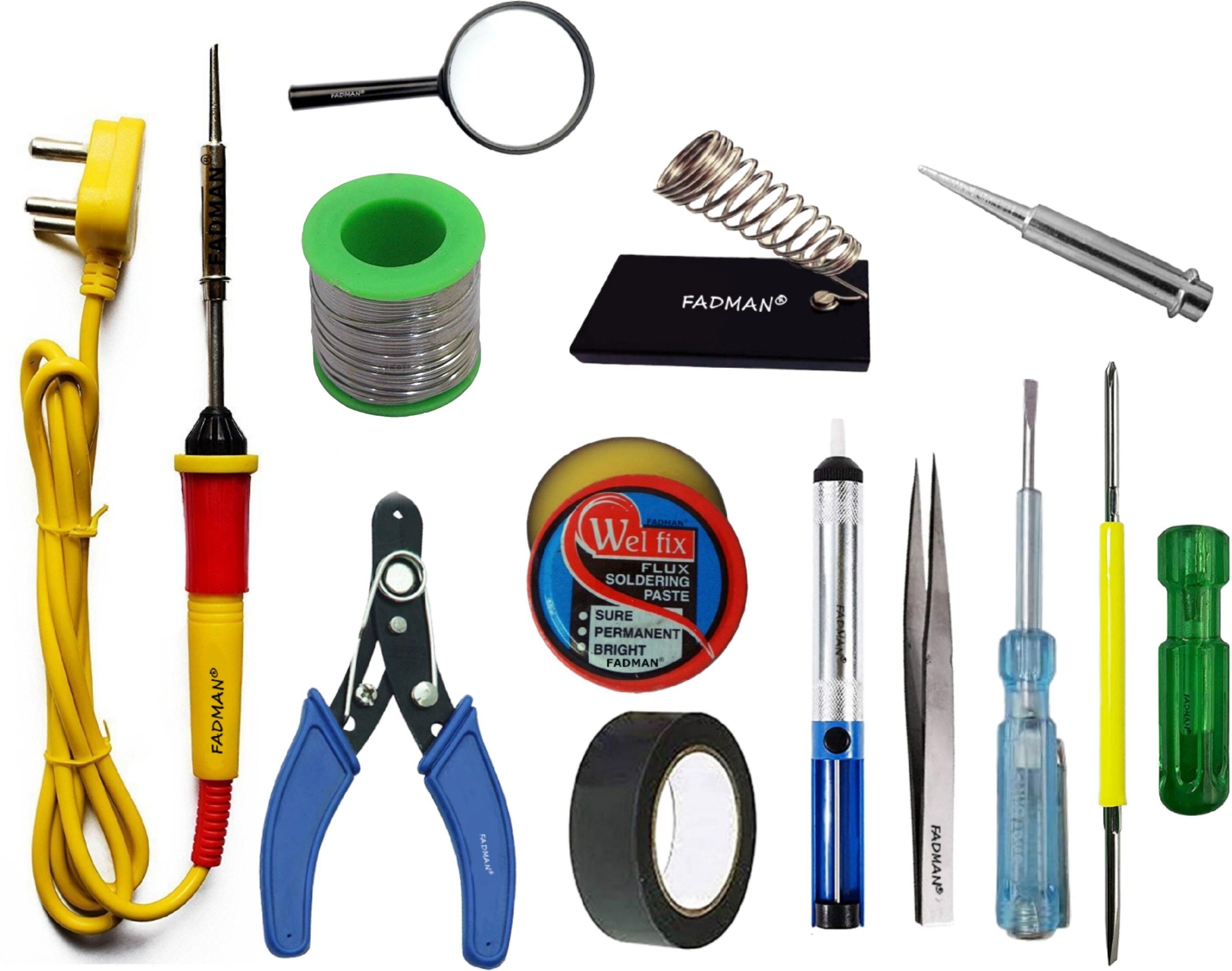 Basic Complete Part Type-12 Soldering Iron Kit | Wire Cutter | Stand | Solder Wire | Tweezer | Soldering Flux | Soldering Bit | Tester| Desoldering Pump | Magnifying Glass | Electric Tape | 2IN1 Screw Driver | Soldering Iron 25 W Simple-image-40