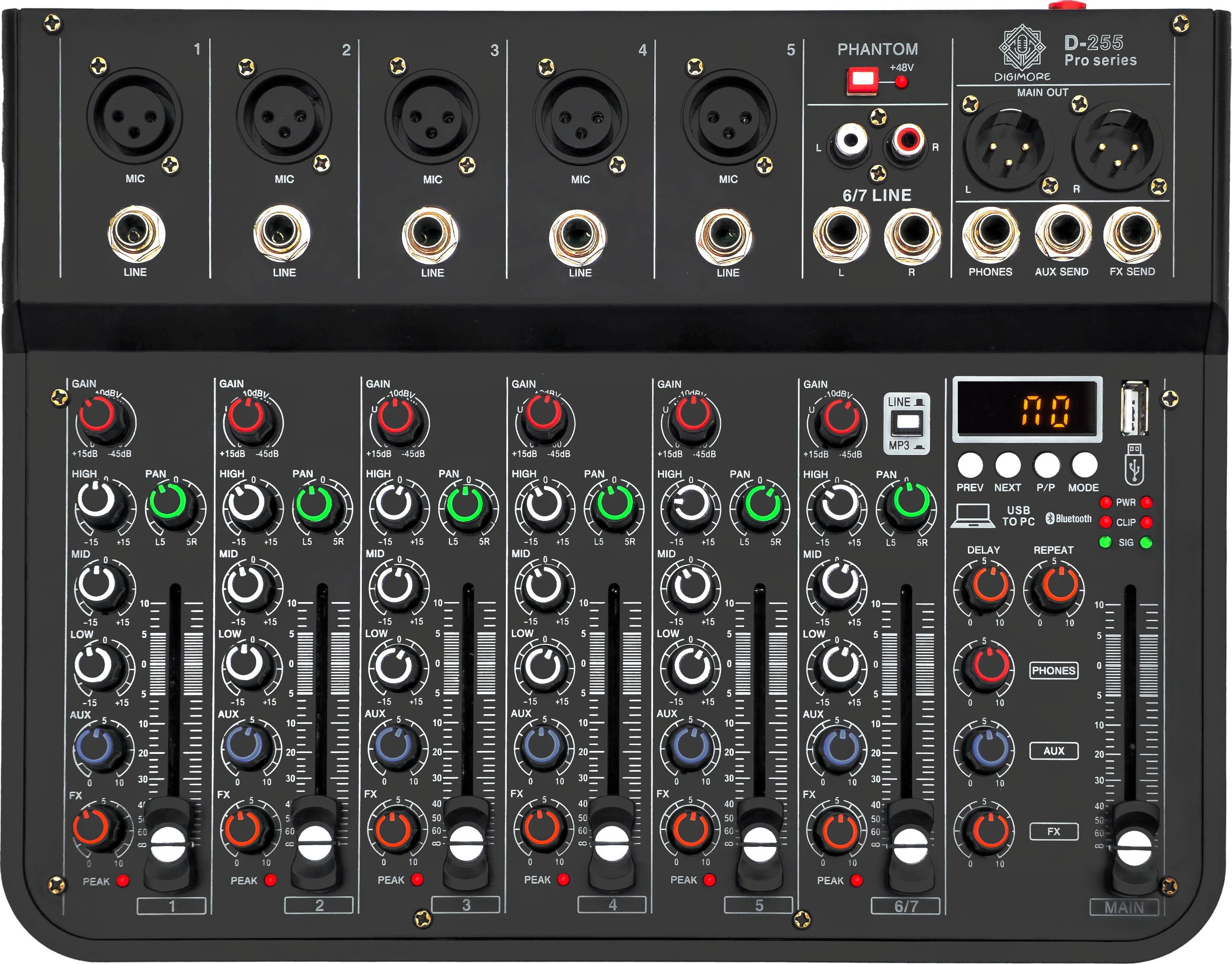 digimore D-255Pro 7CH Mixer w BT, USB, 48V, Reverb Effects for Stage, Live Gigs & Karaoke Analog Sound Mixer-picture-25