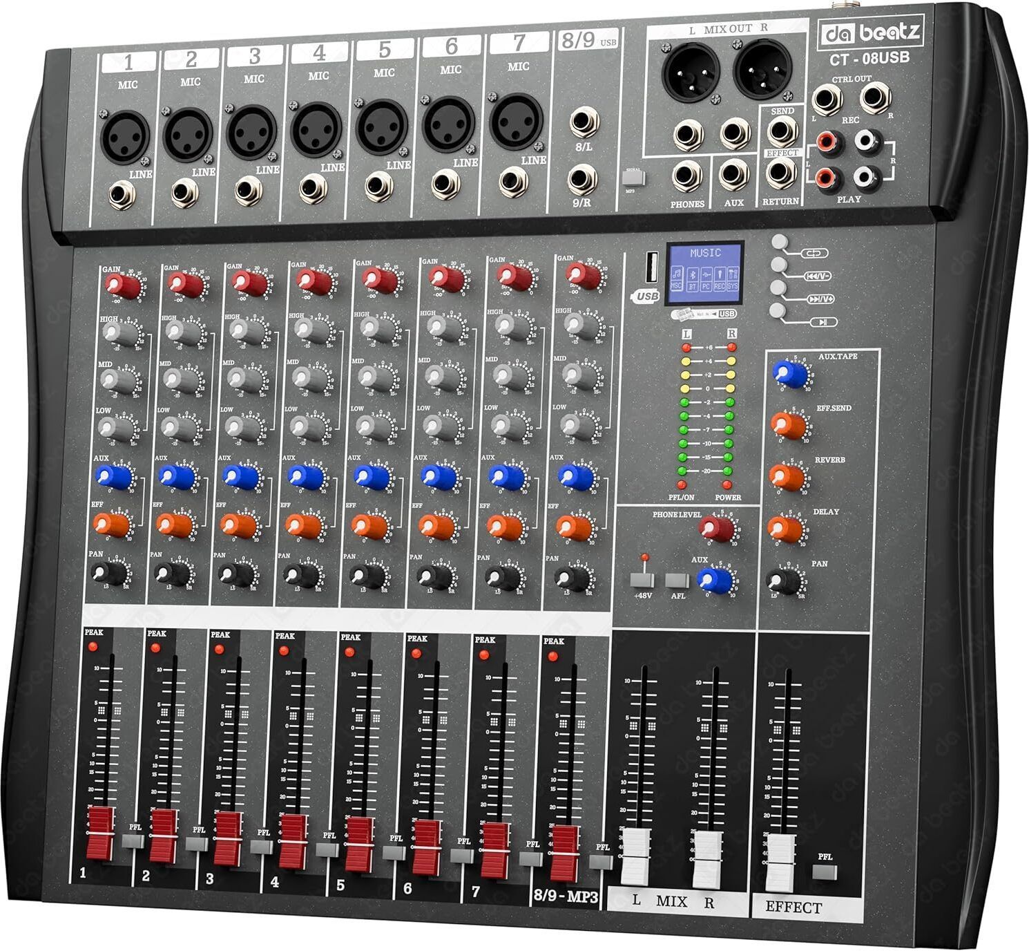 8 Channel CT-08 Audio Mixer XLR/TRS USB BT 48V Phantom 99 DSP FX Aux Output Digital Sound Mixer-image-34
