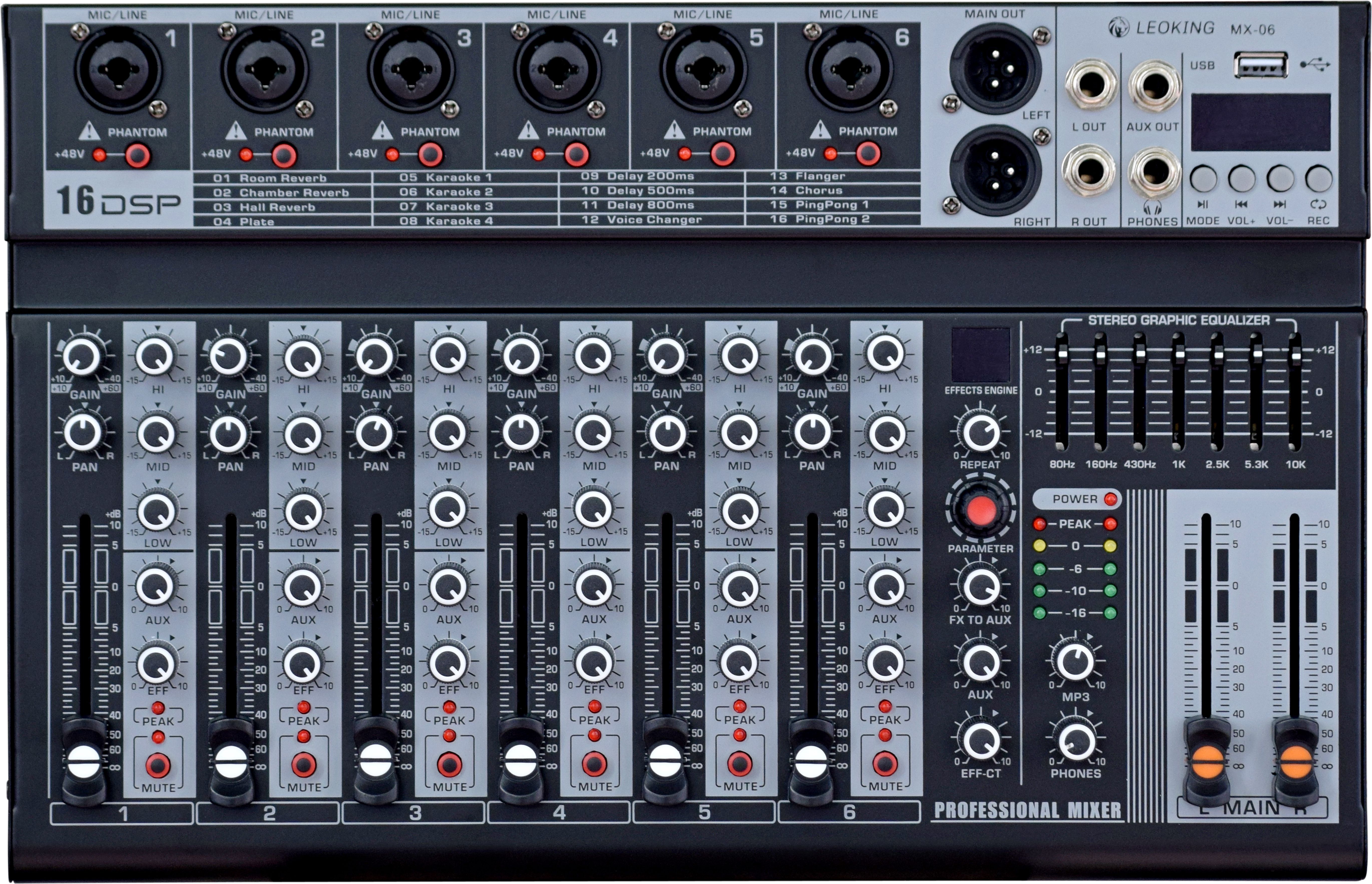 6 Channel Professional Audio Mixer 6-channel built-in EQ/16DSP/recording mode Powered Sound Mixer