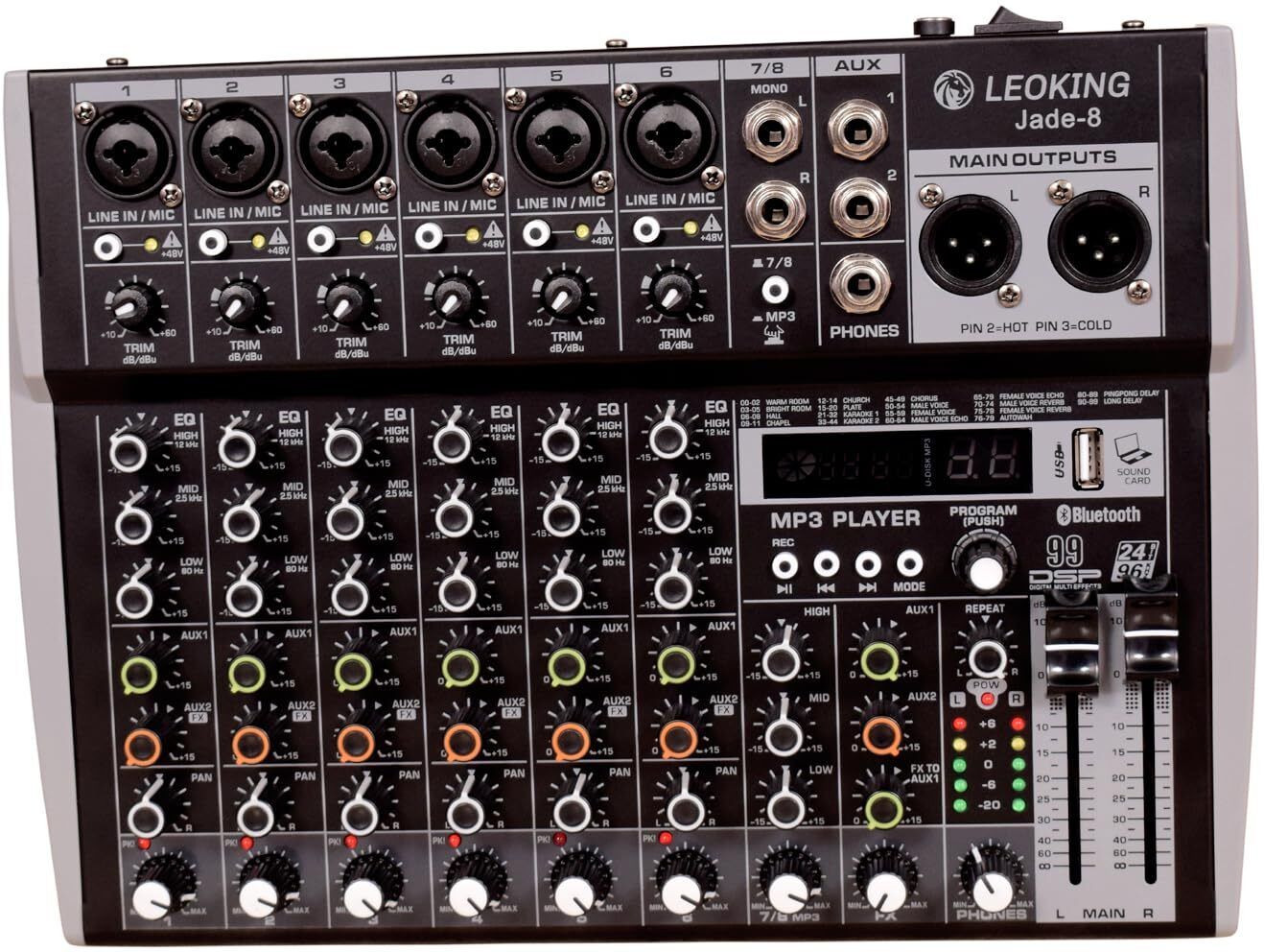 8 Channel Professional Mixer Console 6 XLR + 2 Mono,2 XLR Output,2 Aux Input Powered Sound Mixer