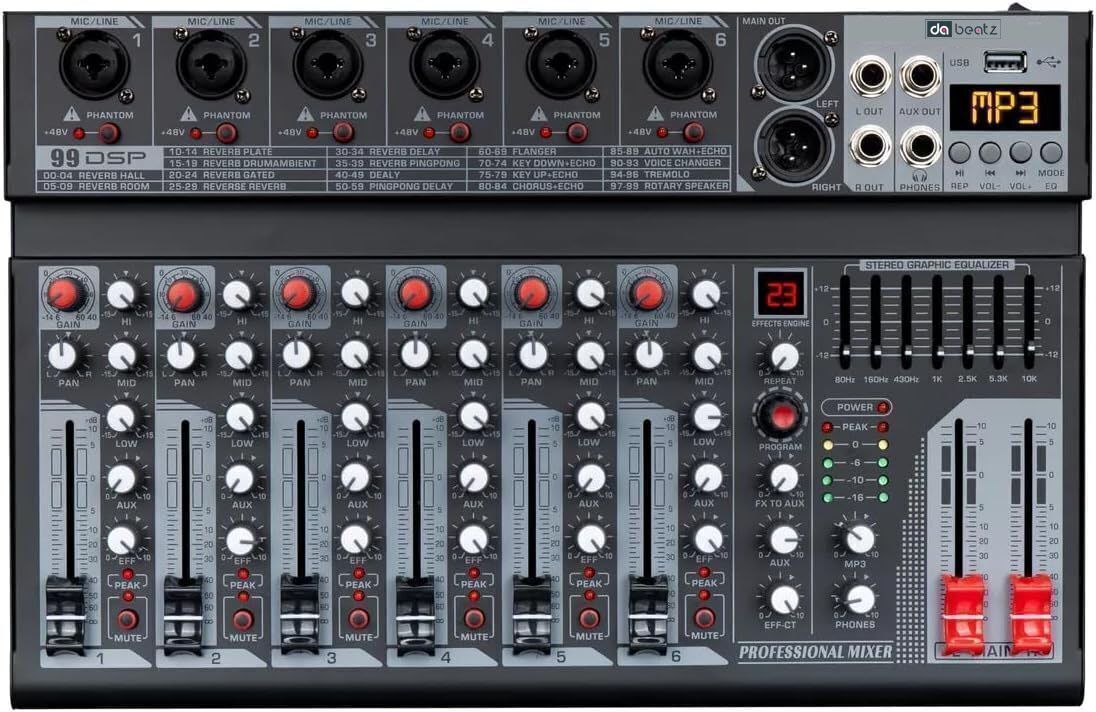 MX06 6-Channel Audio Mixer | Bluetooth, USB, 99 DSP Effects, 7-Band EQ, Phantom Digital Sound Mixer-image-37