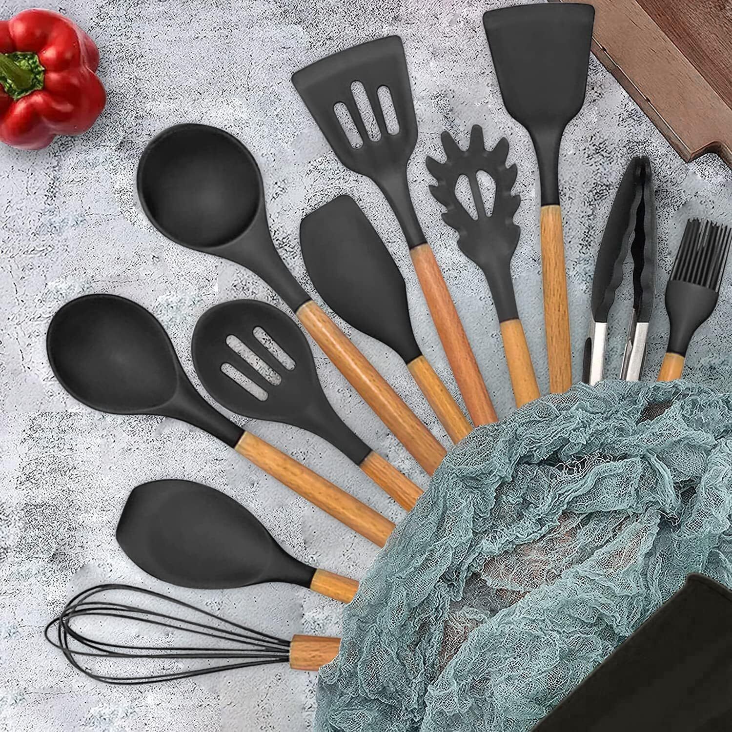 12 pcs Non-Stick Silicone Cooking Kitchen Utensils Spatula Set | with Holder Kitchen Tool Set-image-2
