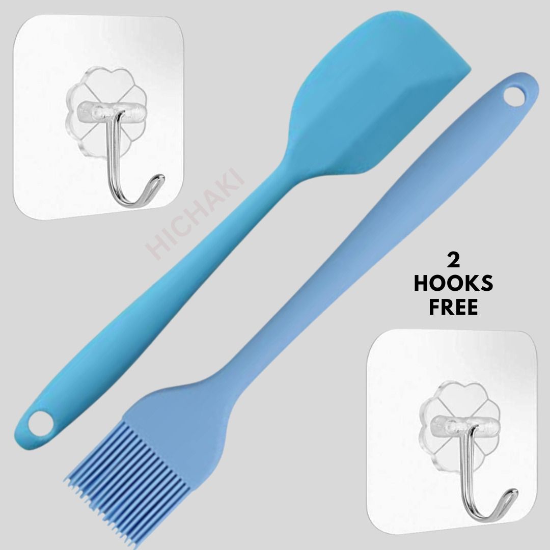 27CM Silicone Spatula & Basting Brush Set- Blue & Blue with 2 Self-Adhesive Hook Non-Stick Spatula-image-39