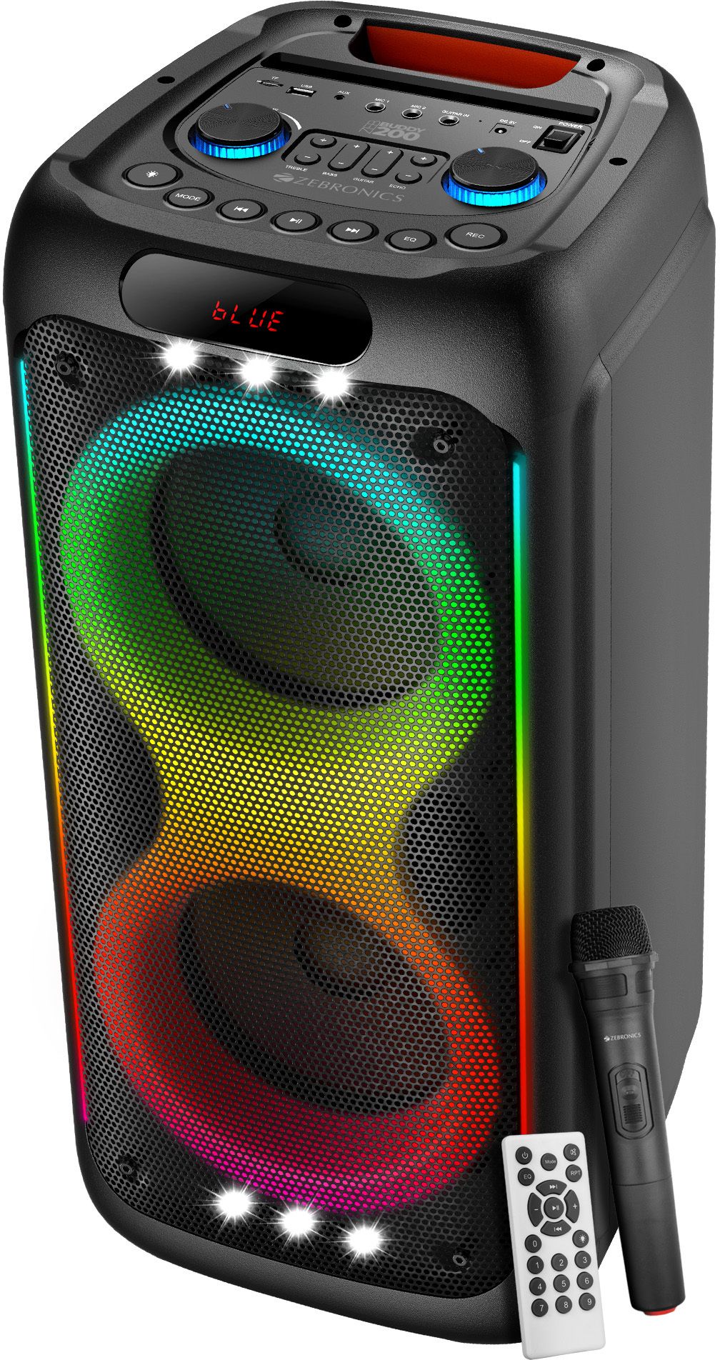 ZEBRONICS ZEB-BUDDY 200 Wireless MIC, Karaoke function, Mobile Holder, RGB LED Lights 100 W Bluetooth Party Speaker
