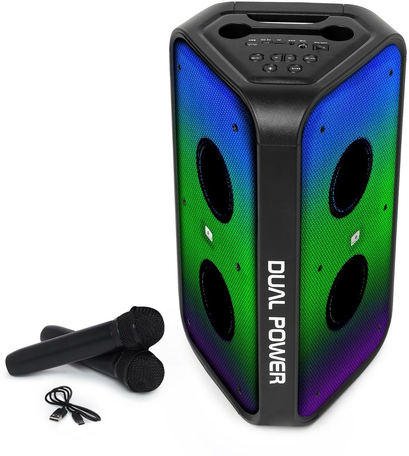 TRONICA Trigon Rowdy Speaker With 2 Wireless Mics RGB/USB/AUX/FM/SD | 4 Hrs Playback 50 W Bluetooth Party Speaker-image-4