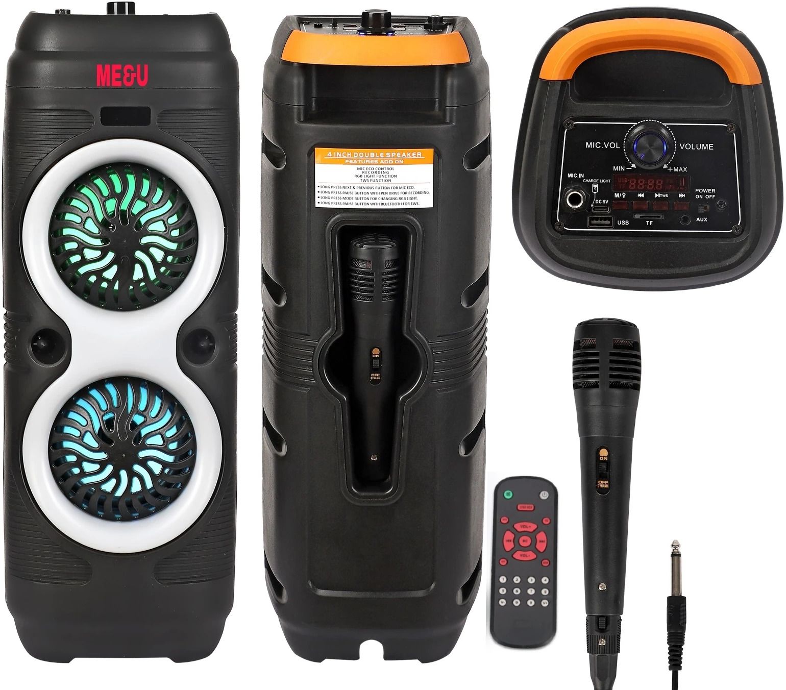 ME&U partymate MU 4" TWS 8 hours play time FM USB AUX BLUETOOTH KARAOKE MIC RGB LIGHT 40 W Bluetooth Tower Speaker