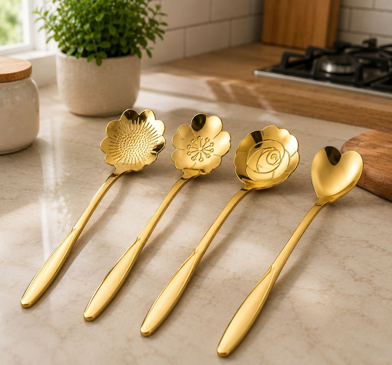 Gold Finish Stainless Steel Designer Floral & Heart Design Spoon Steel Coffee Spoon, Dessert Spoon, Ice-cream Spoon, Sugar Spoon, Table Spoon Set-image-45