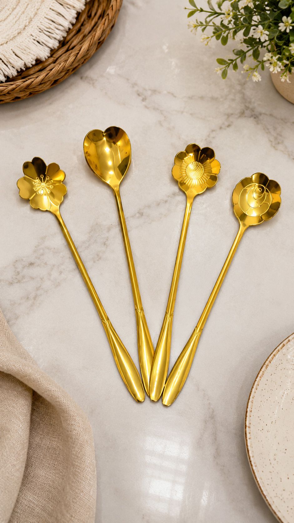 kinaara impex Premium Gold Flower Spoon Set 4PC Stainless Steel Ice-cream Spoon, Table Spoon-picture-11