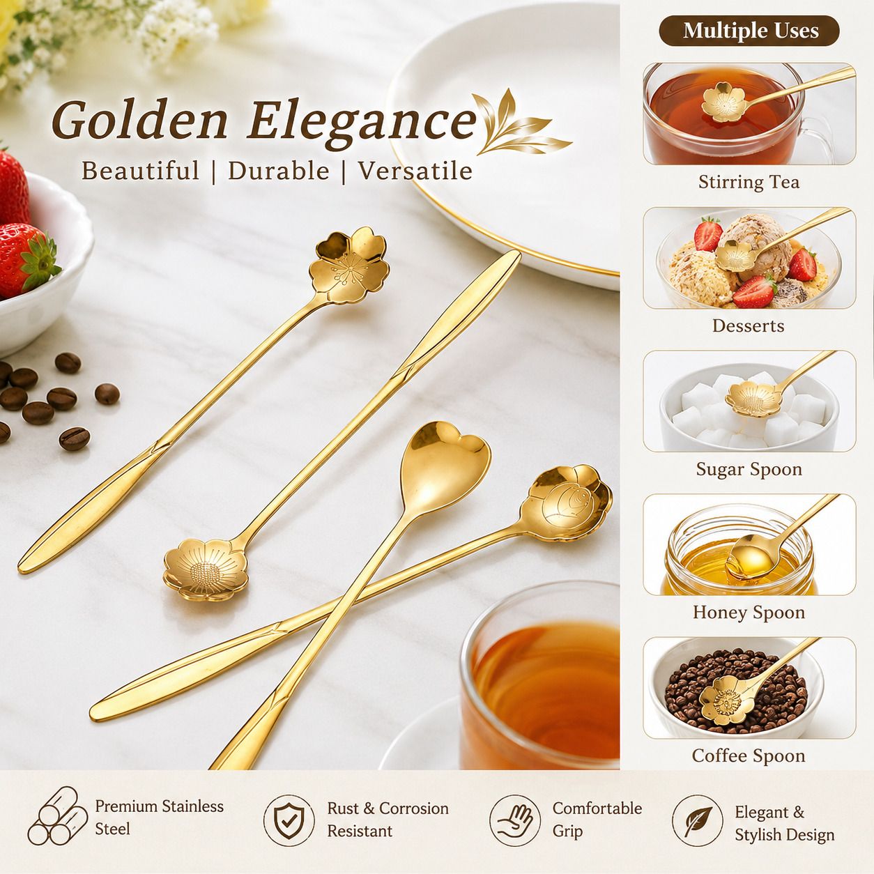 ayunova Premium Gold Stainless Steel Coffee & Tea Spoon Stainless Steel Coffee Spoon, Dessert Spoon, Cream Spoon, Ice Tea Spoon, Ice-cream Spoon, Salad Spoon Set-picture-0