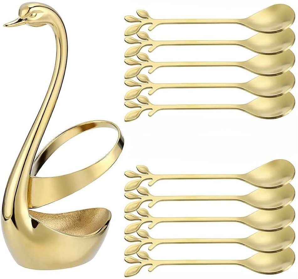 dwiti enterprise Luxury Golden Swan Cutlery Holder Set with 5 Spoons & 5 Forks Gold Plated, Stainless Steel Cutlery Set-picture-4