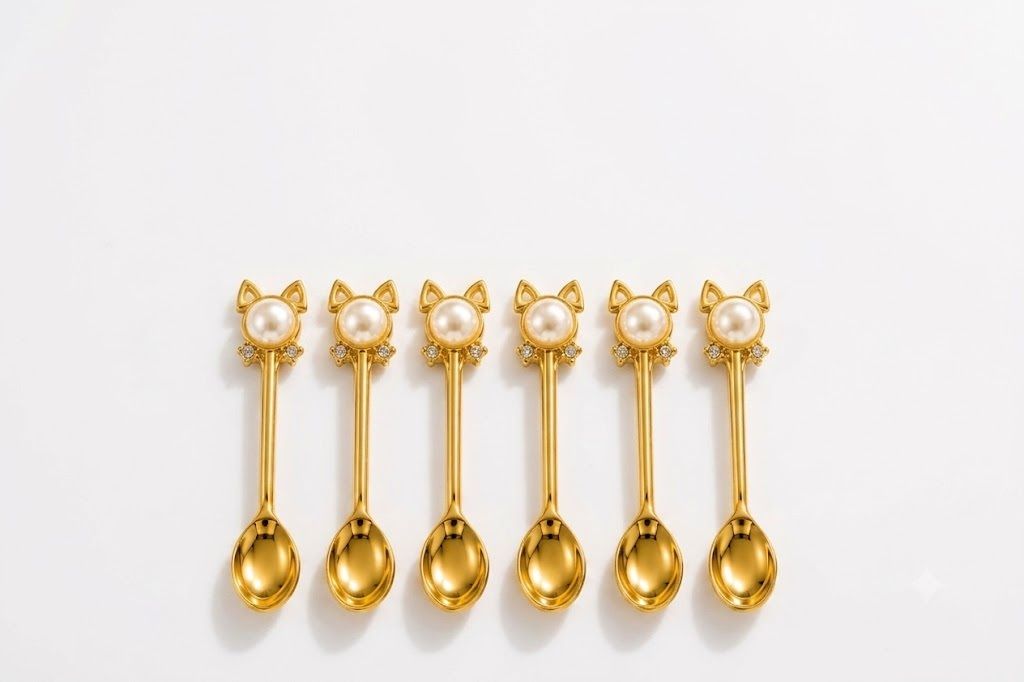 Gold Pearl Cat Spoon Set of 6 - Premium Zinc Alloy Cute Cat Ear Dessert Spoons Stainless Steel Dessert Spoon, Tea Spoon, Table Spoon, Ice-cream Spoon, Coffee Spoon Set-image-30