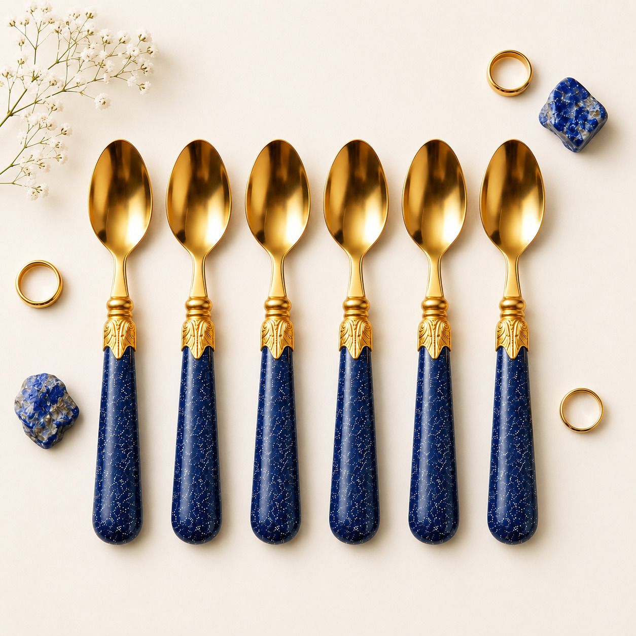 unnati enterprises Premium Gold Plated Dessert Spoon Set with Blue Glitter Handle Stainless Steel Coffee Spoon, Cream Spoon, Dessert Spoon, Tea Spoon, Ice Tea Spoon Set-picture-39