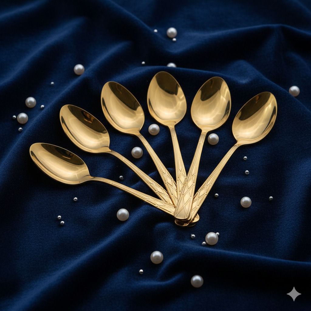 sayan halder shop RoyalGold Diamond Grip Dessert Spoon Set - 6 Pieces Disposable Stainless Steel Serving Spoon, Sugar Spoon, Tea Spoon, Table Spoon, Dessert Spoon Set-picture-13