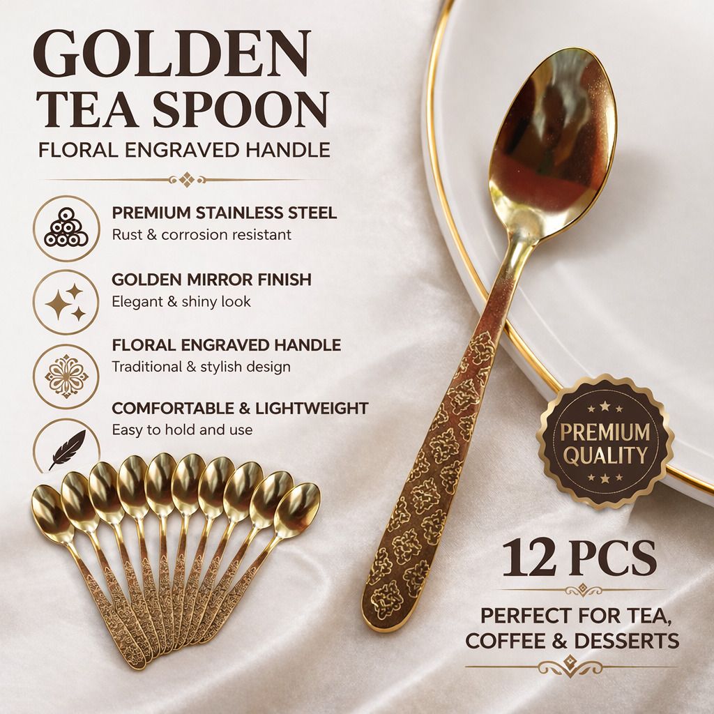 12 pieces premium golden golden spoon Stainless Steel Coffee Spoon, Cream Spoon, Dessert Spoon, Ice-cream Spoon, Olive Spoon Set-image-19