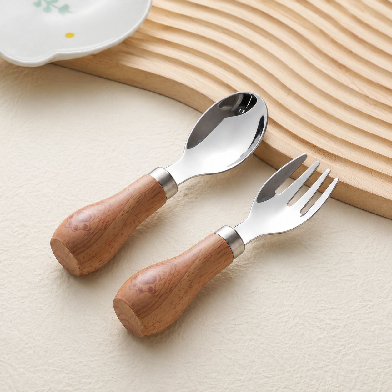 darkfish Baby Self Feeding Spoon Fork Set Stainless Steel, Wooden Measuring Spoon, Salad Spoon, Table Spoon Set-picture-20