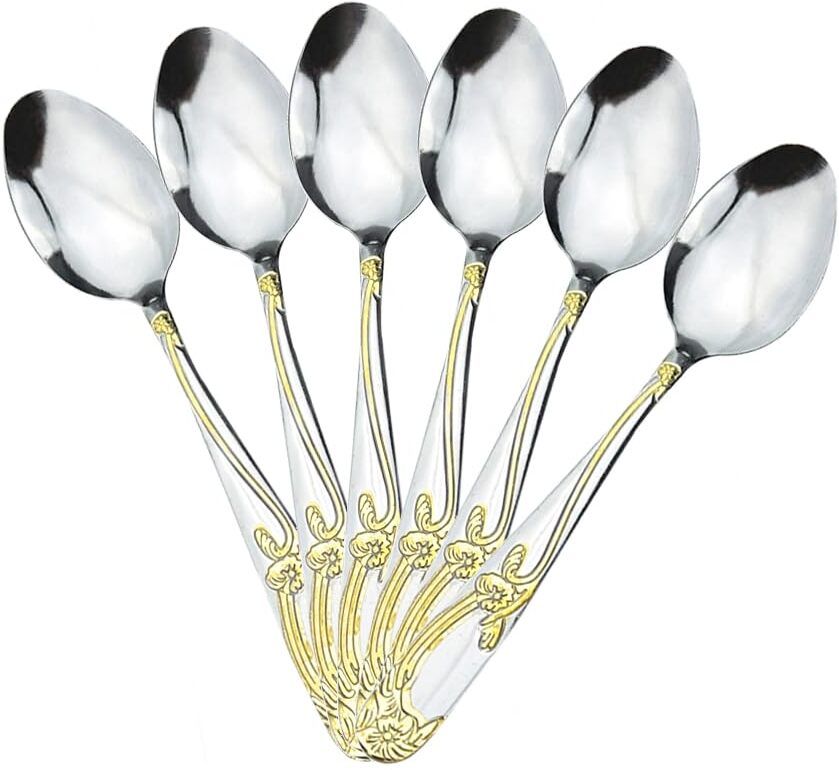 rerat enterprise 6 Pcs Stainless Steel Soup Spoons Set Elegant Gold Design Stainless Steel Coffee Spoon, Cream Spoon, Dessert Spoon, Ice Tea Spoon, Ice-cream Spoon, Salad Spoon Set-picture-9
