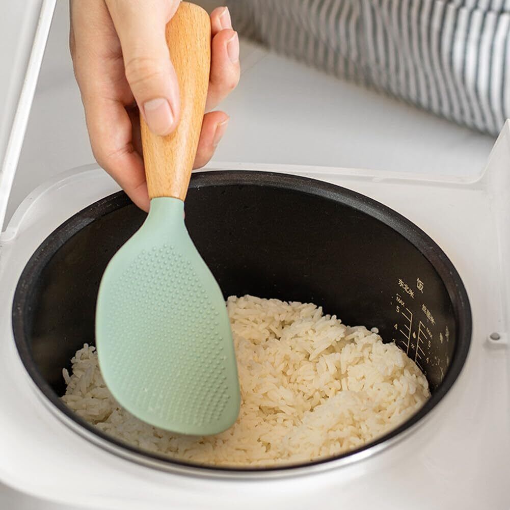 diyal enterprise Non Stick Silicone Rice Spoon for Serving Disposable Silicone, Wooden Salad Spoon-picture-1