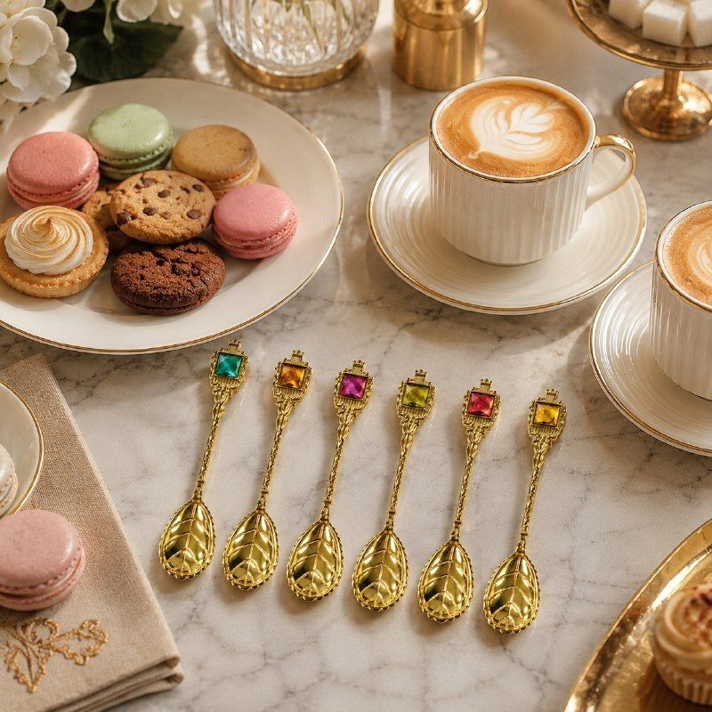 Luxury Gold Leaf Spoon Set of 6 Stainless Steel Coffee Spoon, Dessert Spoon, Ice-cream Spoon, Table Spoon, Tea Spoon Set-image-9