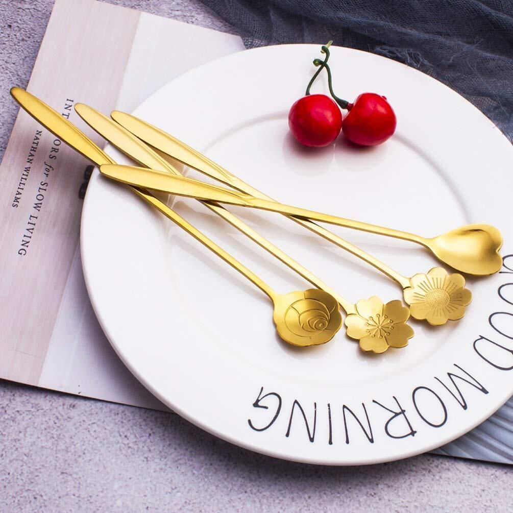 ablue clipper Floral Long Handle Spoon Set Steel Dessert Spoon, Tea Spoon Set-picture-19