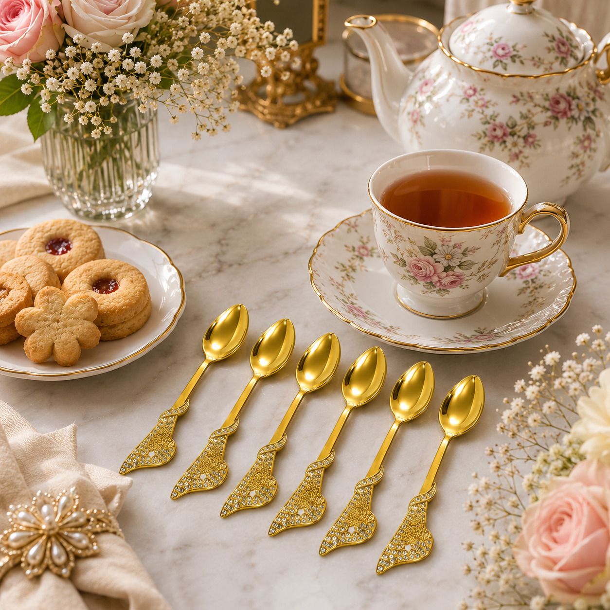 Pearl Crown Gold Finish Dessert Spoon Set Stainless Steel Coffee Spoon, Cream Spoon, Dessert Spoon, Ice Tea Spoon, Ice-cream Spoon Set-image-36