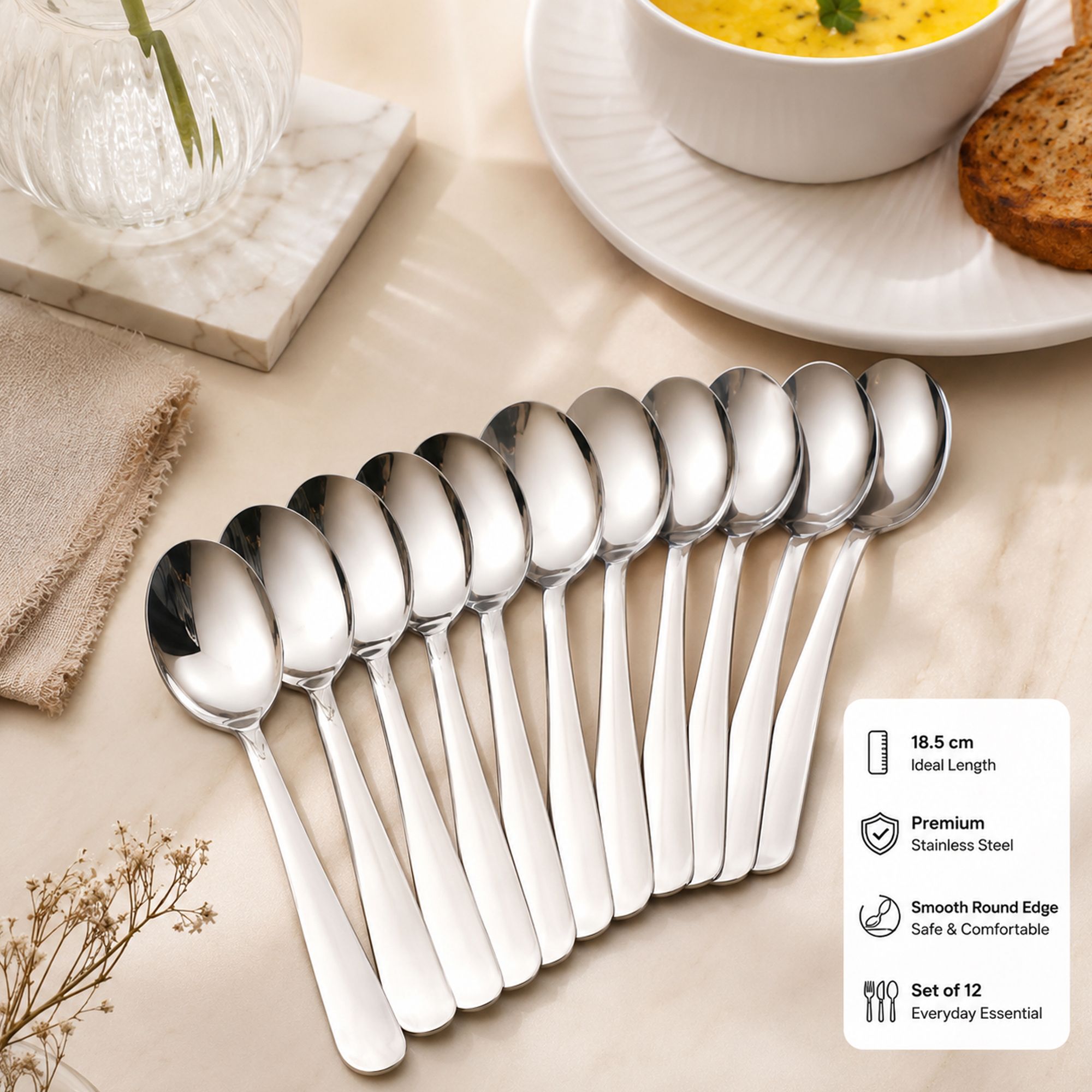 Stainless Steel Table Spoon Set of 12, 18.5 cm, Silver Disposable Stainless Steel Table Spoon Set-image-15