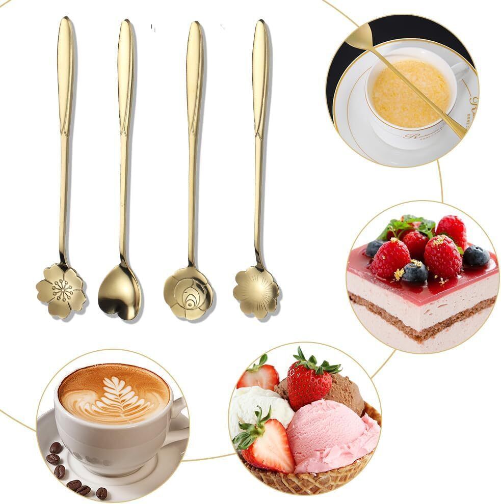 ablue clipper Stainless Steel Gold Plated Spoon Set Pack of 4 Decorative Floral Spoons Steel Ice-cream Spoon Set-picture-18