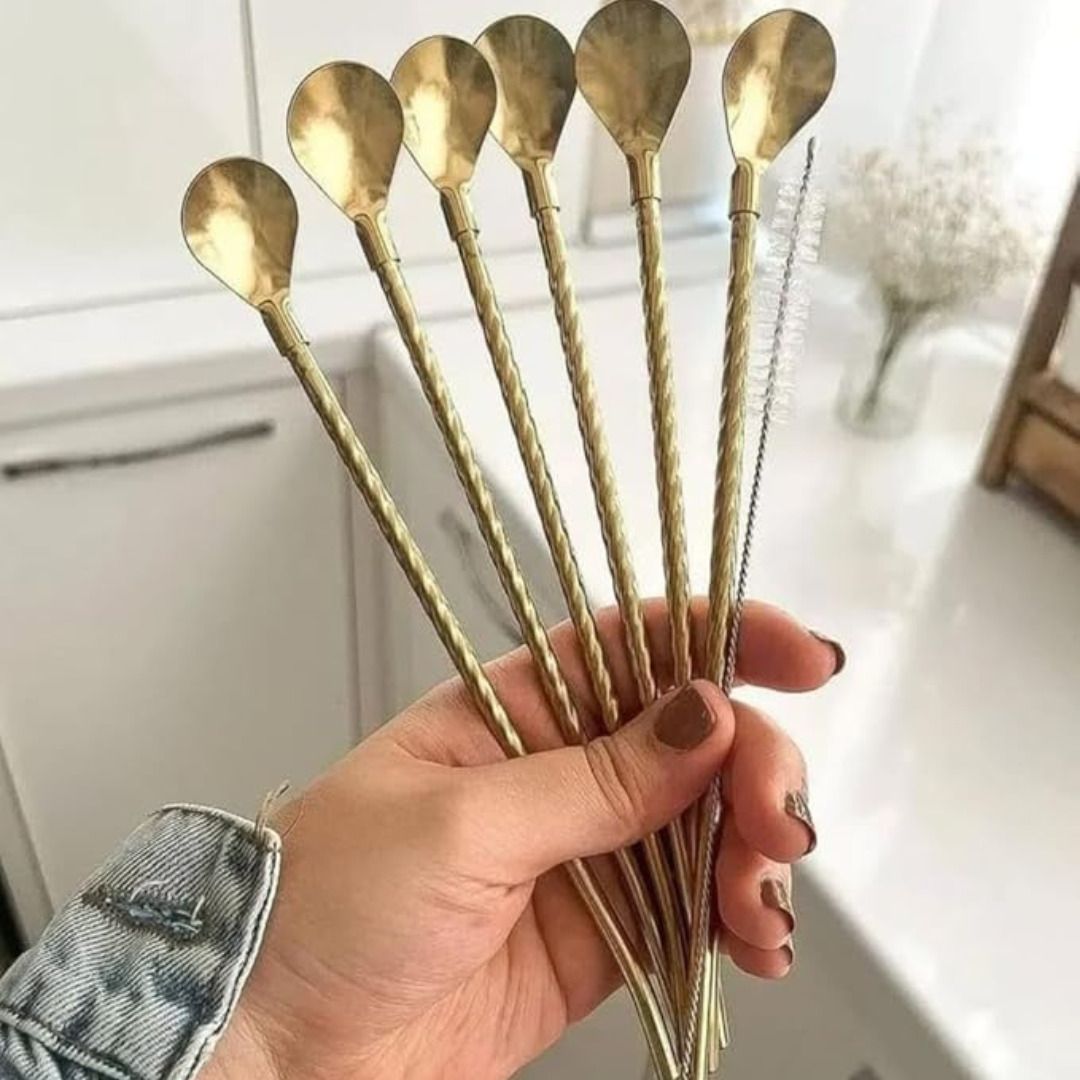 6-Piece Reusable Steel Straw & Spoon Combo with Cleaning Brush Stainless Steel Ice Tea Spoon Set-image-33