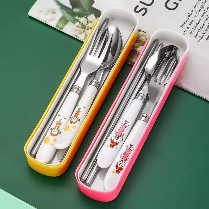 Kids Cutlery Set – 4 Pcs Spoon, Fork, Chopsticks with Case | Set of 2 Stainless Steel, Plastic Cutlery Set