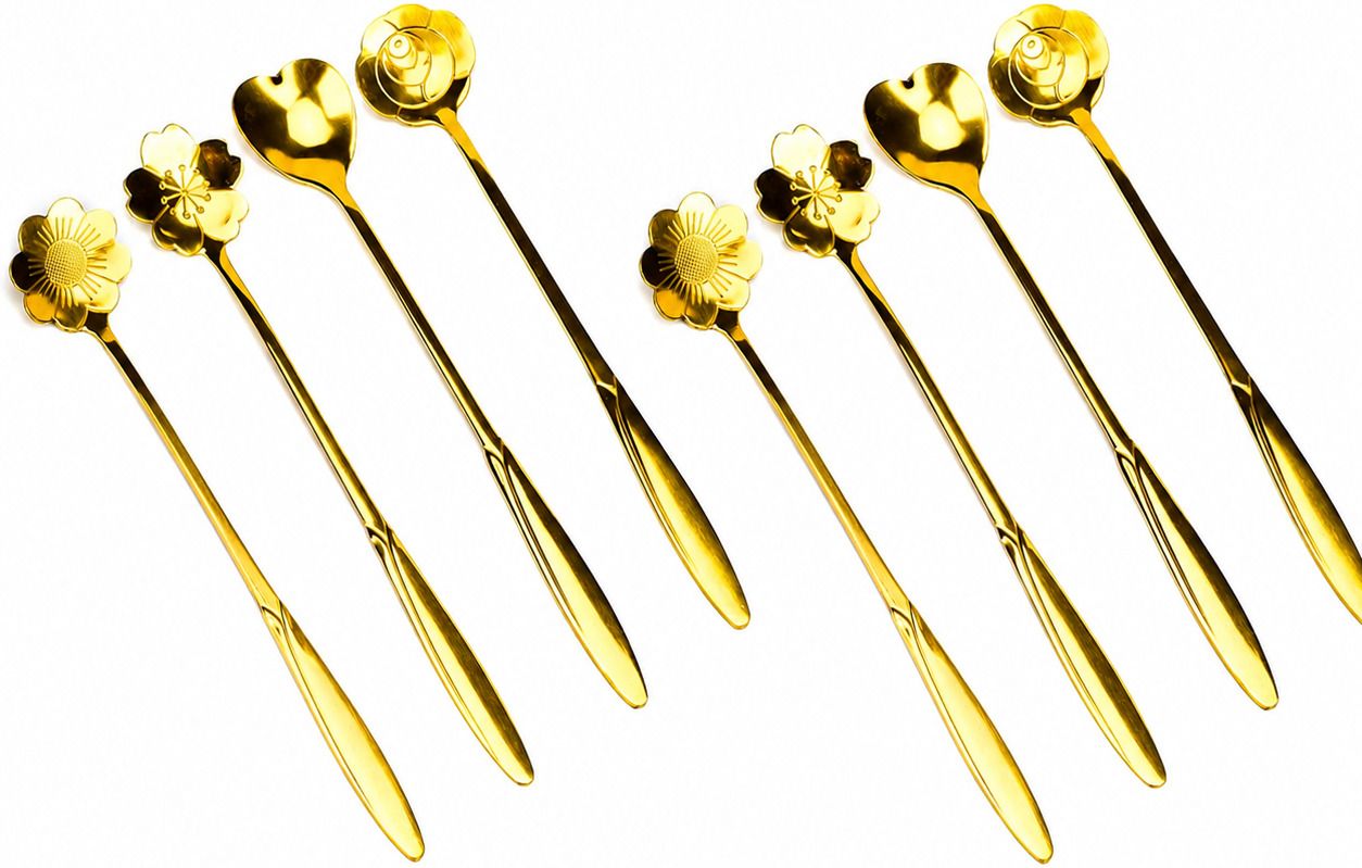 dream fashion hub 8pc Gold Stainless Steel Flower & Heart Spoon Set Disposable Stainless Steel Coffee Spoon, Measuring Spoon, Sugar Spoon, Tea Spoon, Table Spoon Set-picture-3