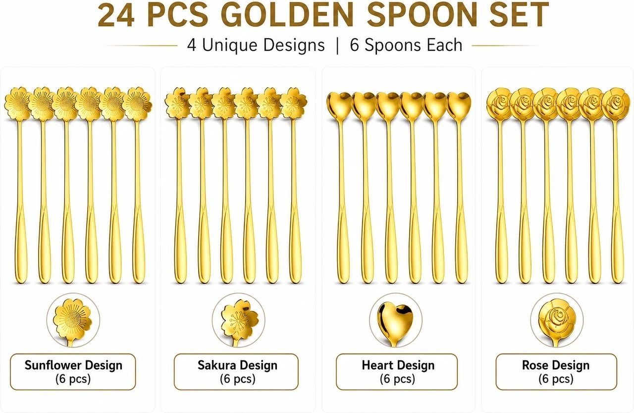 khodalliving 24 PCS GOLDEN SPOON SET Stainless Steel Cream Spoon, Dessert Spoon, Ice Tea Spoon, Salad Spoon, Serving Spoon, Tea Spoon Set-picture-27