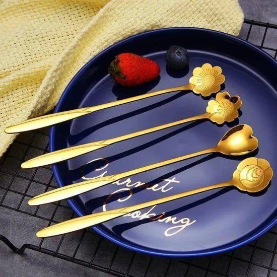Golden Stainless Steel Coffee Spoon Set of 5, Flower & Heart Dessert Spoons Stainless Steel Coffee Spoon, Dessert Spoon, Sugar Spoon, Tea Spoon-image-3