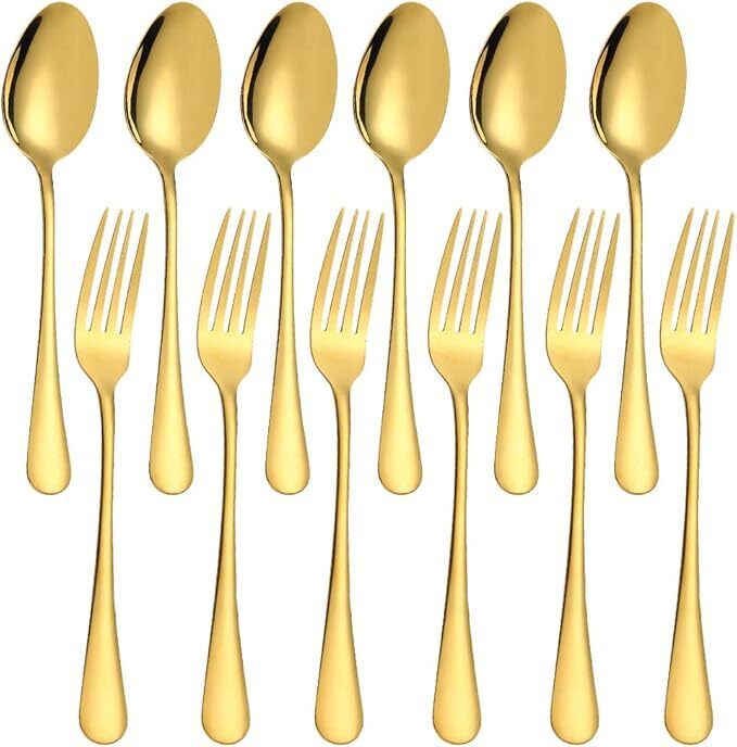 6 Gold Spoon & 6 Fork Kitchen Set Gold Plated, Stainless Steel (Pack of 12) Stainless Steel Dessert Spoon, Ice-cream Spoon, Salad Spoon Set-image-45